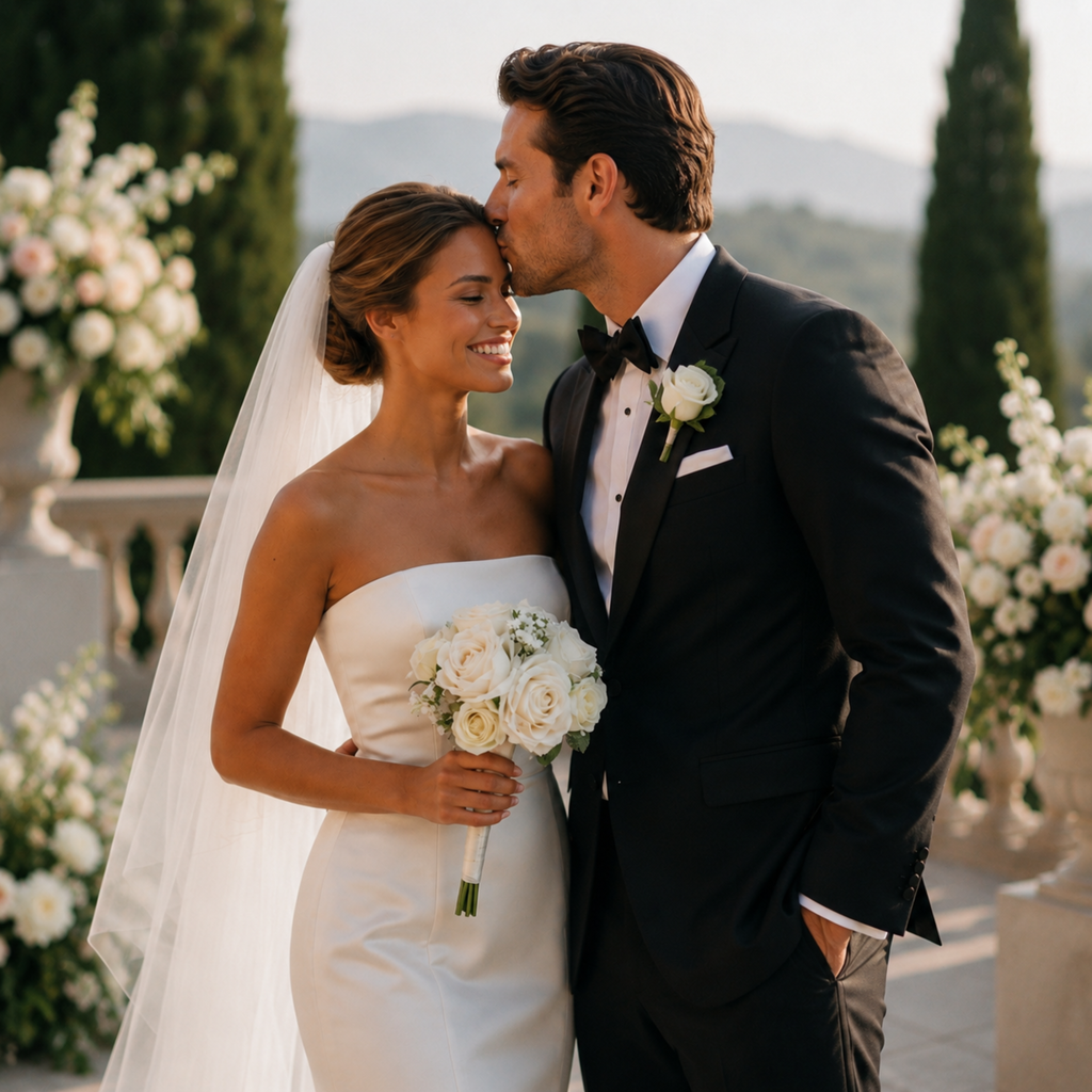 Bride and groom close-up with champagne wedding bouquet and ivory flower