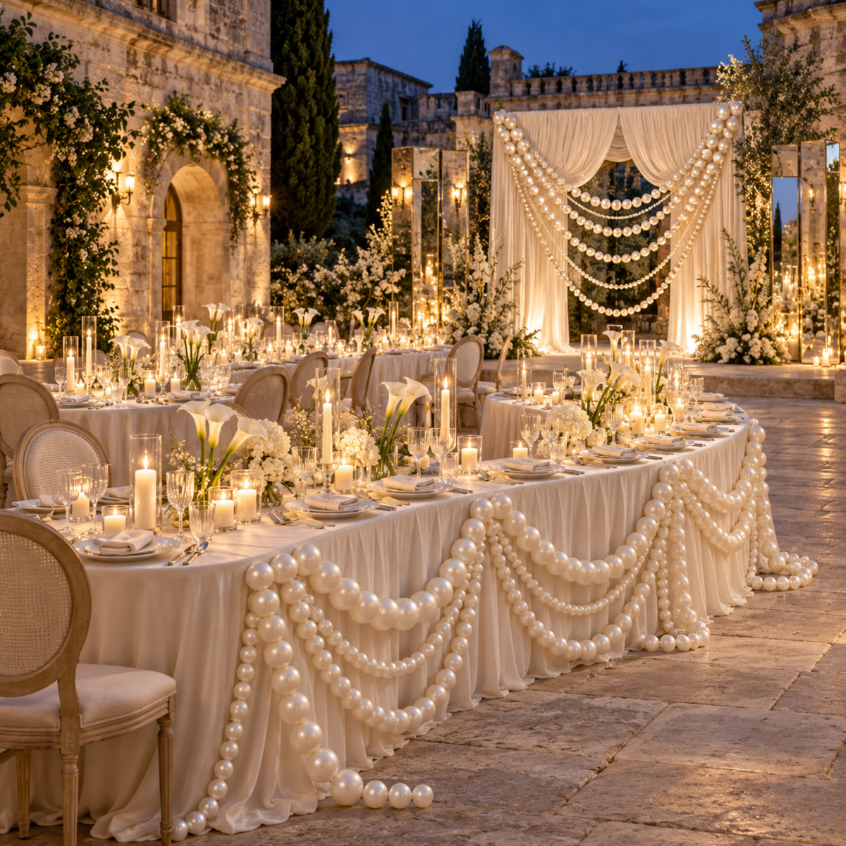 Luxe outdoor reception with long tables wrapped in giant pearl garlands and a pearl-draped backdrop at dusk