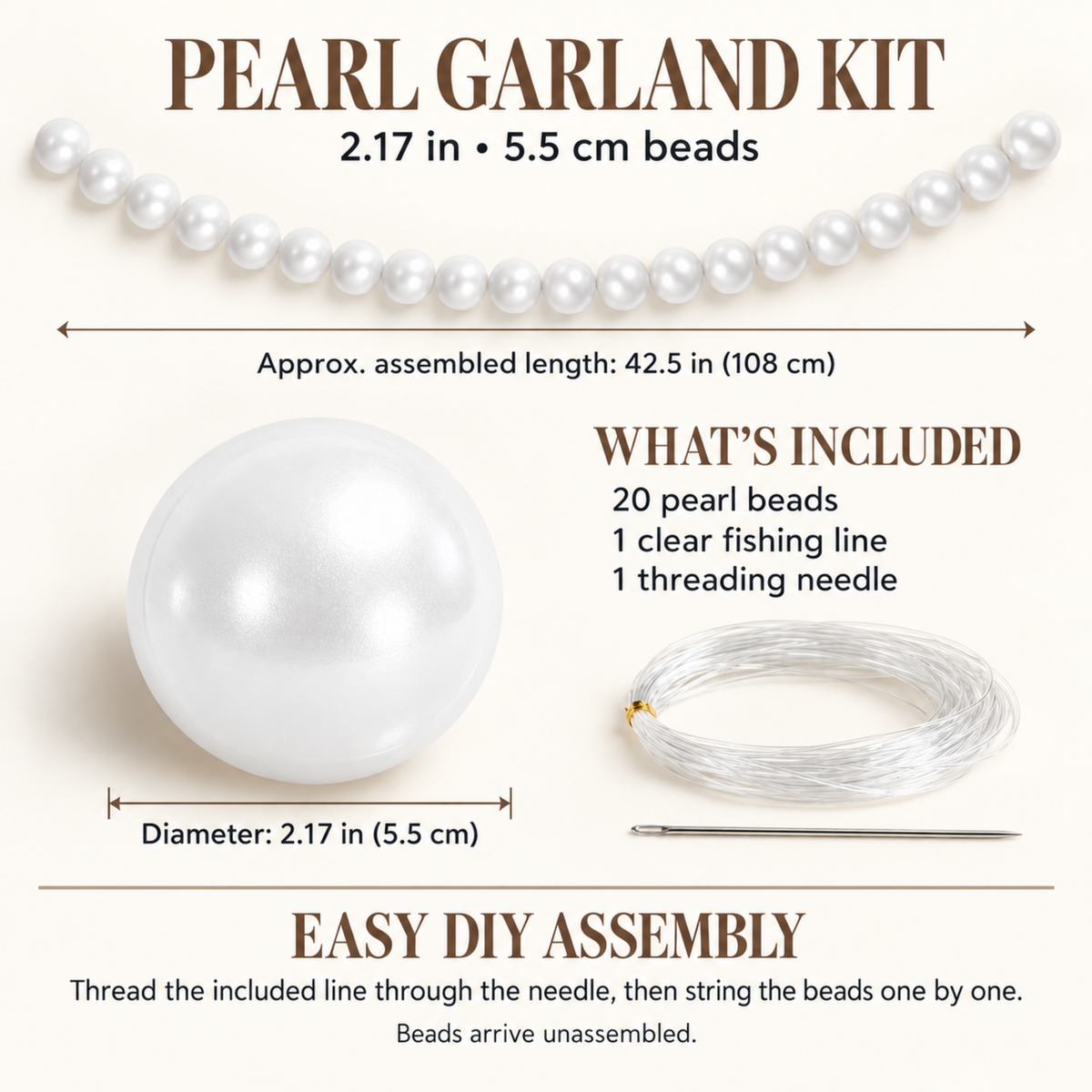 Pearl garland kit with 20 white 5.5 cm (2.17 in) foam beads, clear line and needle, about 3.5 ft assembled