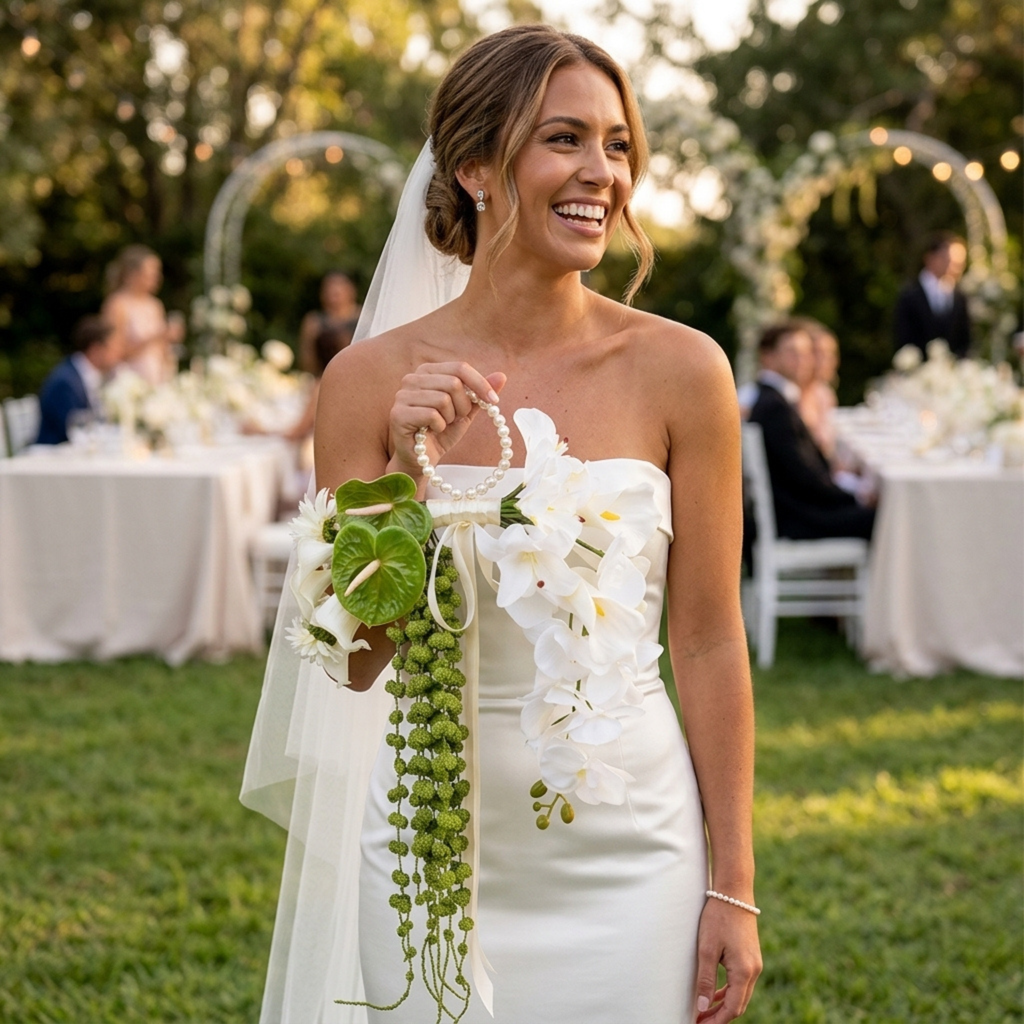 Bride walking with romantic white cascading bouquet for wedding ceremony and photos