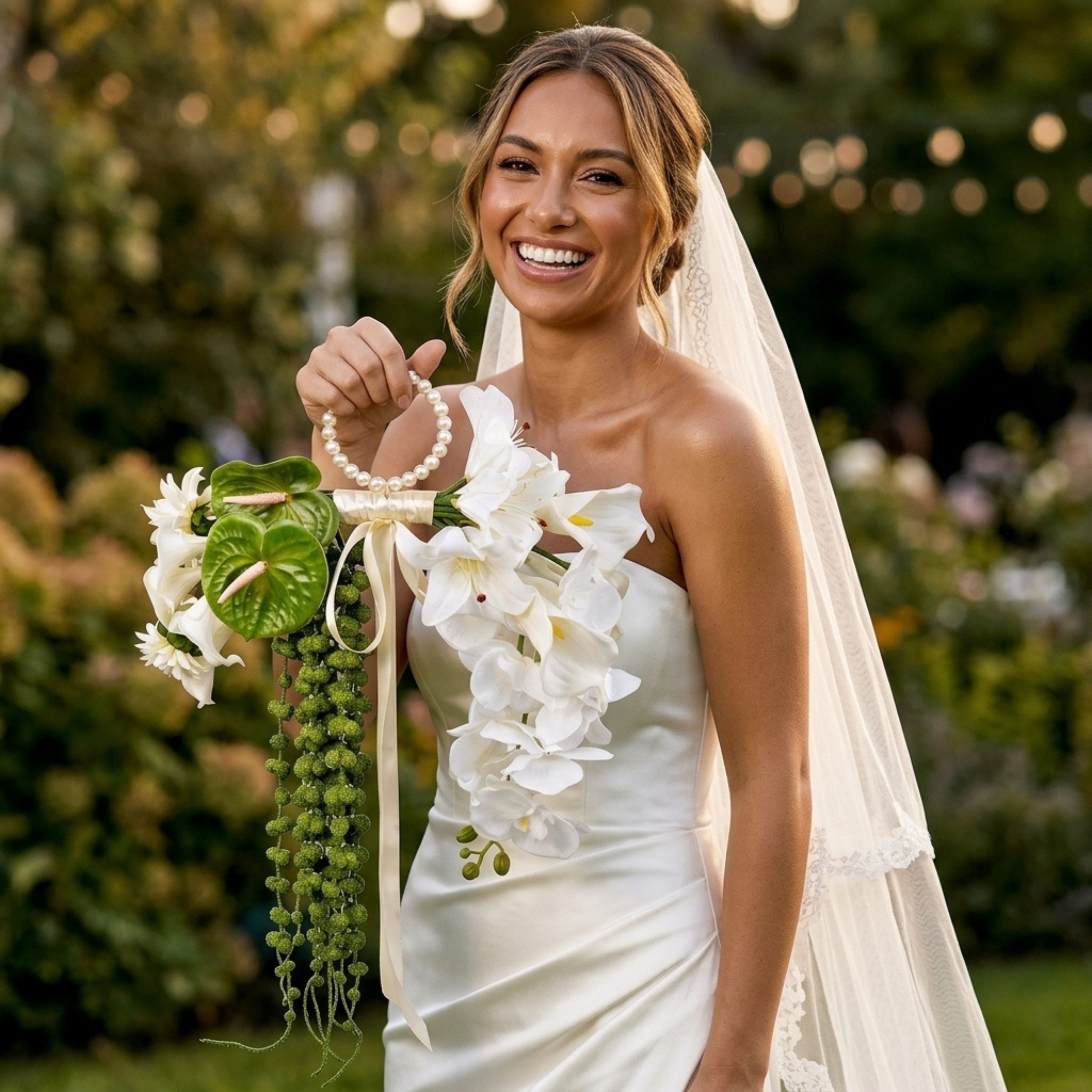 White bridal bouquet with pearl handle, orchids, lilies, green anthuriums and flowing ribbon