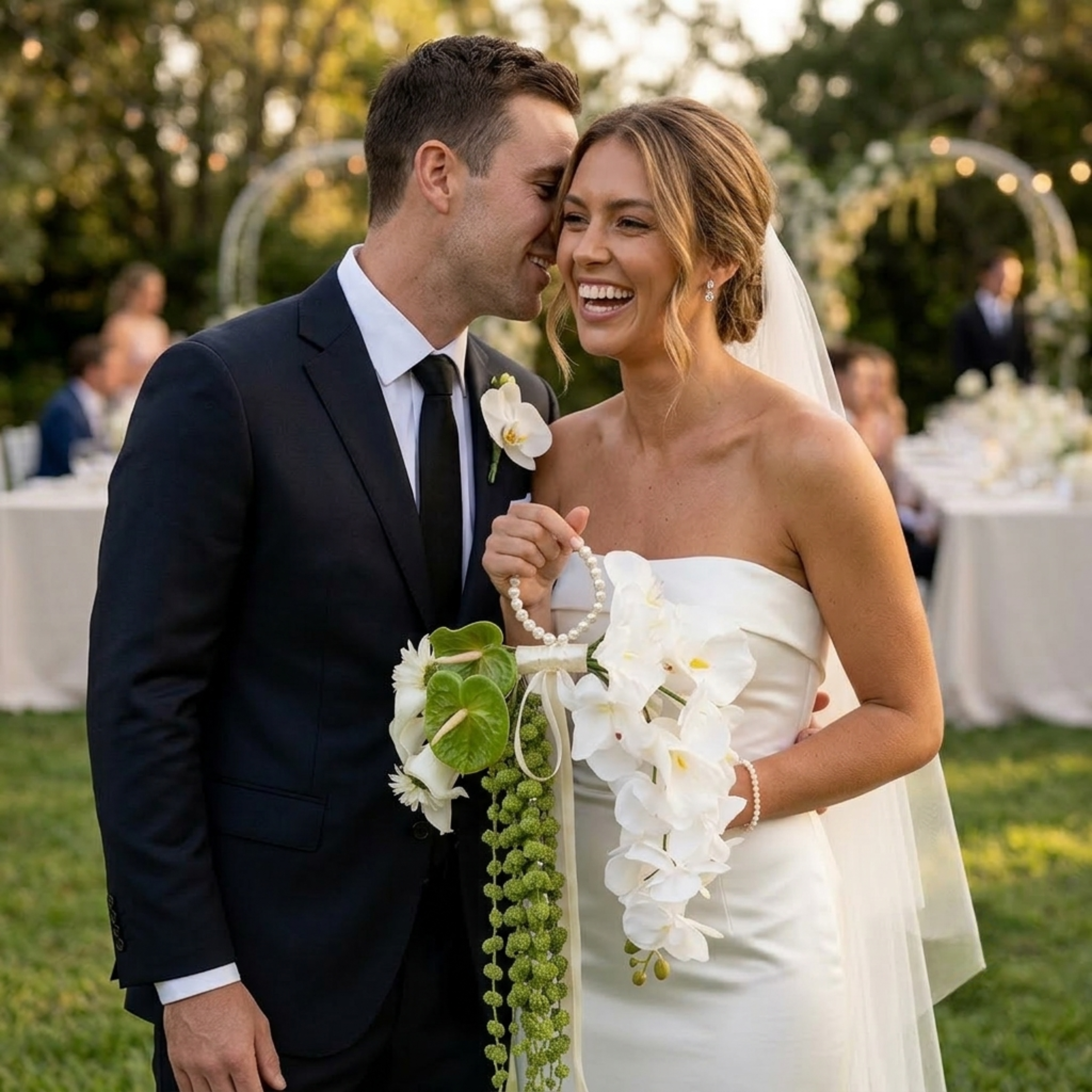 Smiling bride holding white artificial wedding bouquet with cascading green vines