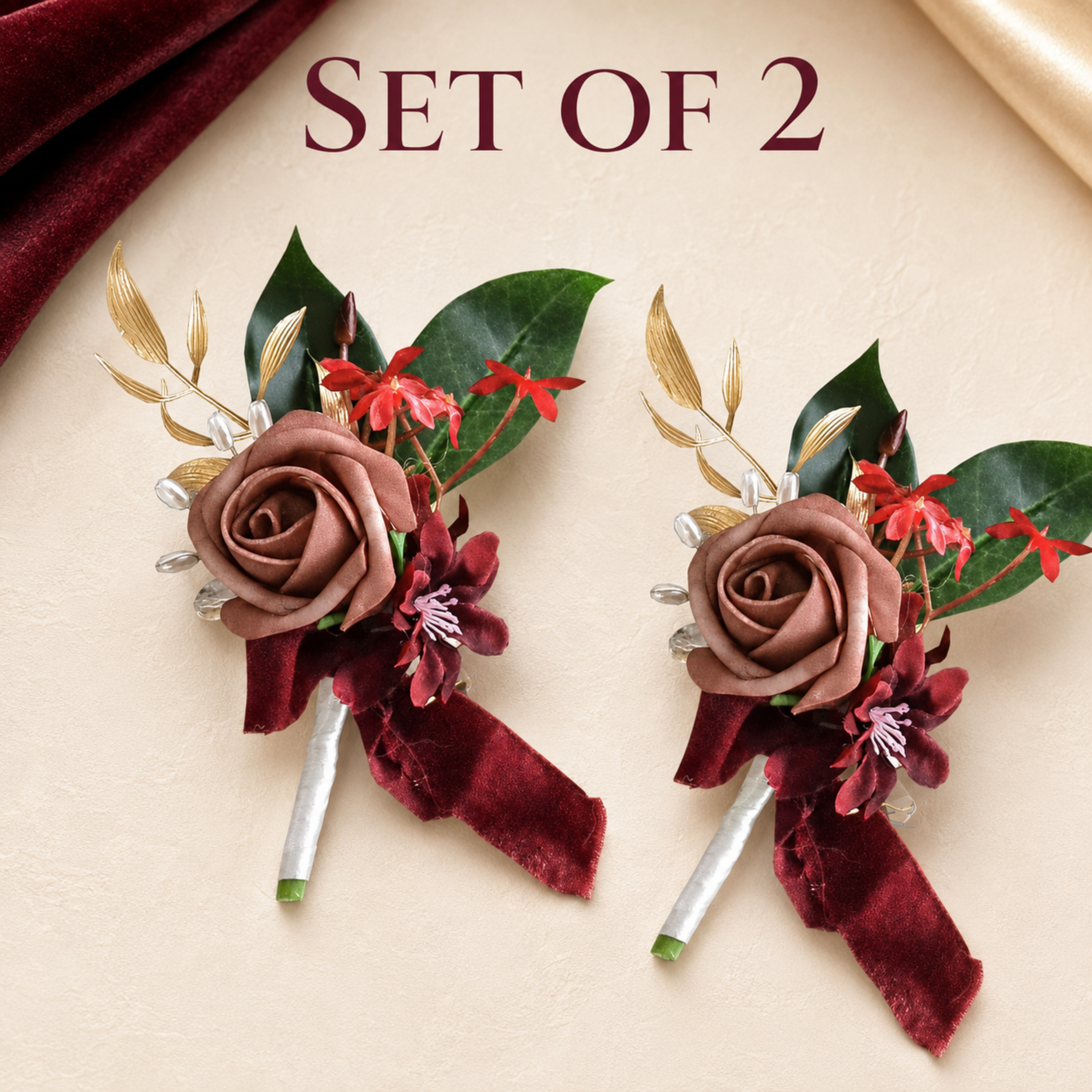 Burgundy rose boutonniere set of two for groom wedding flowers