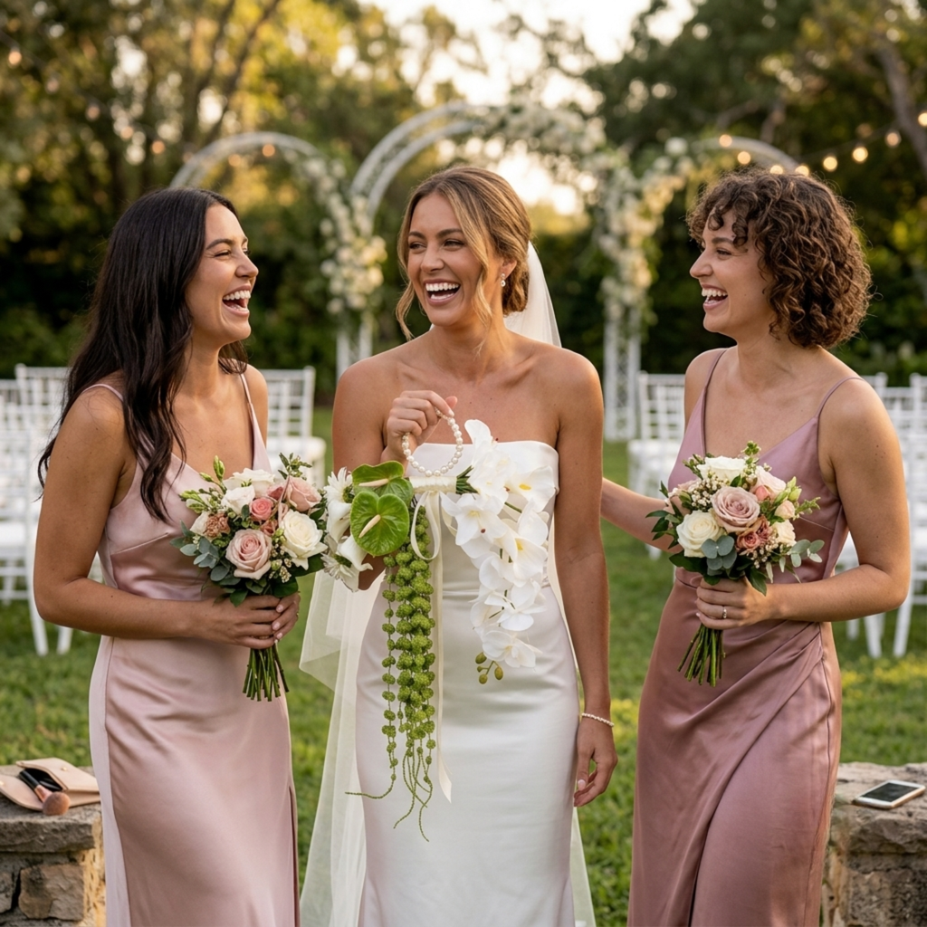 Bride with bridesmaids holding white orchid bridal bouquet with pearl handle and greenery
