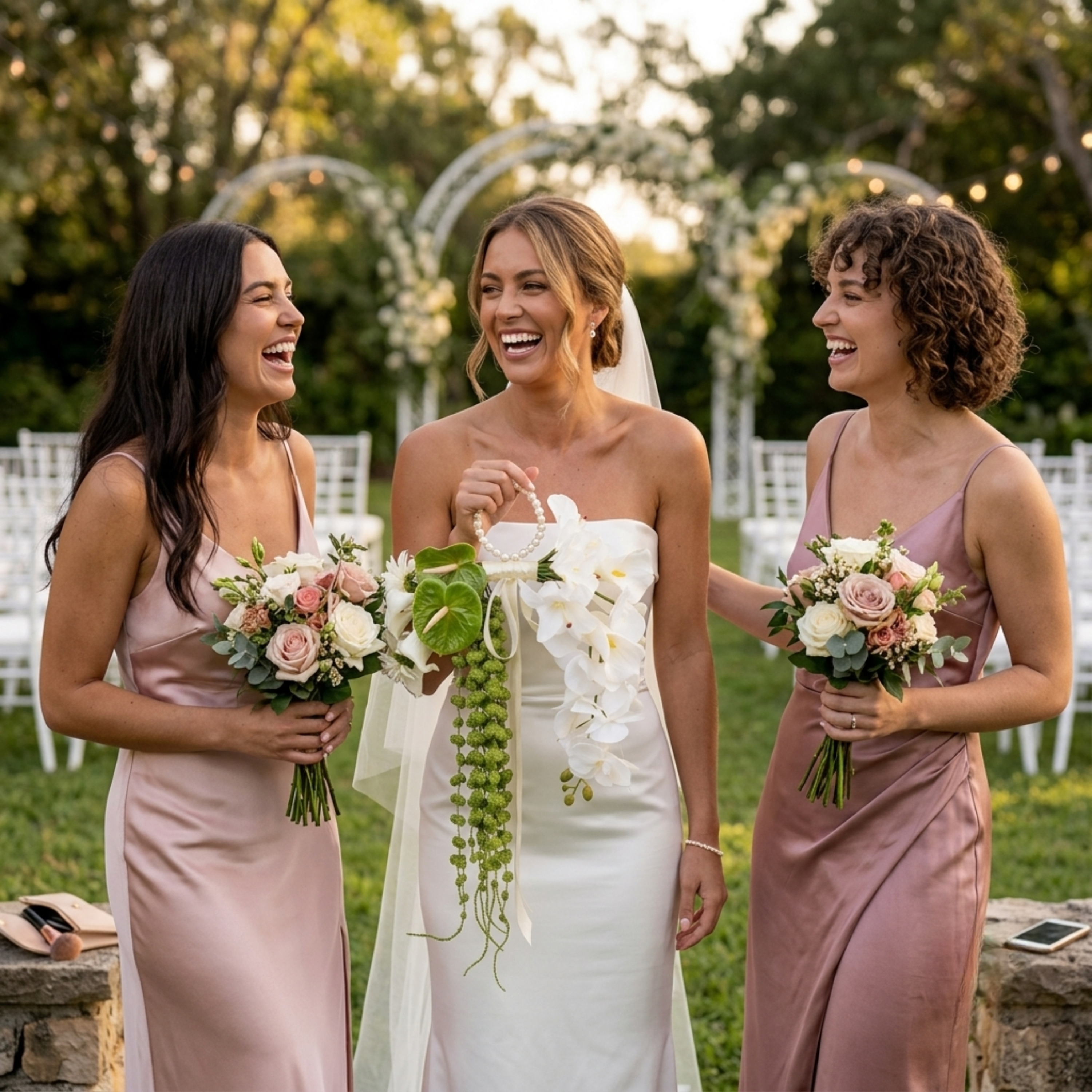 Bride with bridesmaids holding white orchid bridal bouquet with pearl handle and greenery