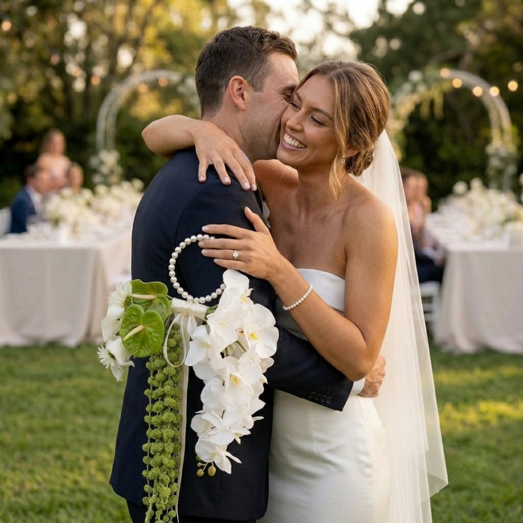 Bride and groom with elegant white cascading bridal bouquet for outdoor garden wedding