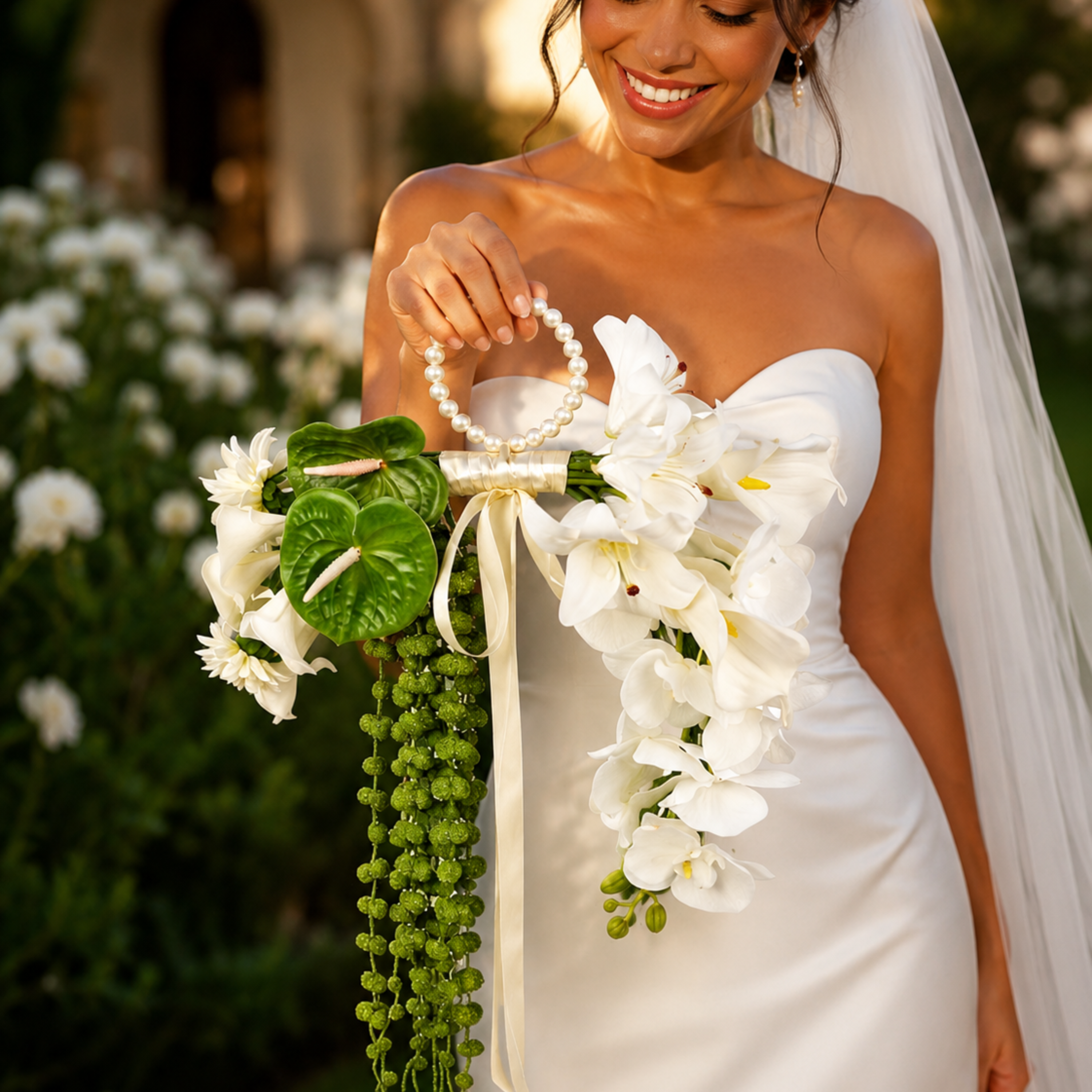 Bride holding white artificial cascading wedding bouquet with pearl handle and cream ribbon