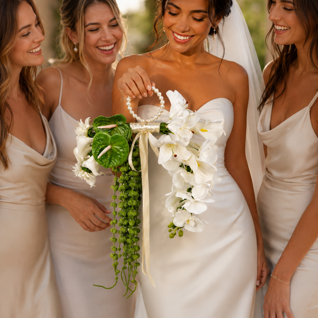 White cascading bridal bouquet with pearl handle, orchids, calla lilies and green vines for wedding day