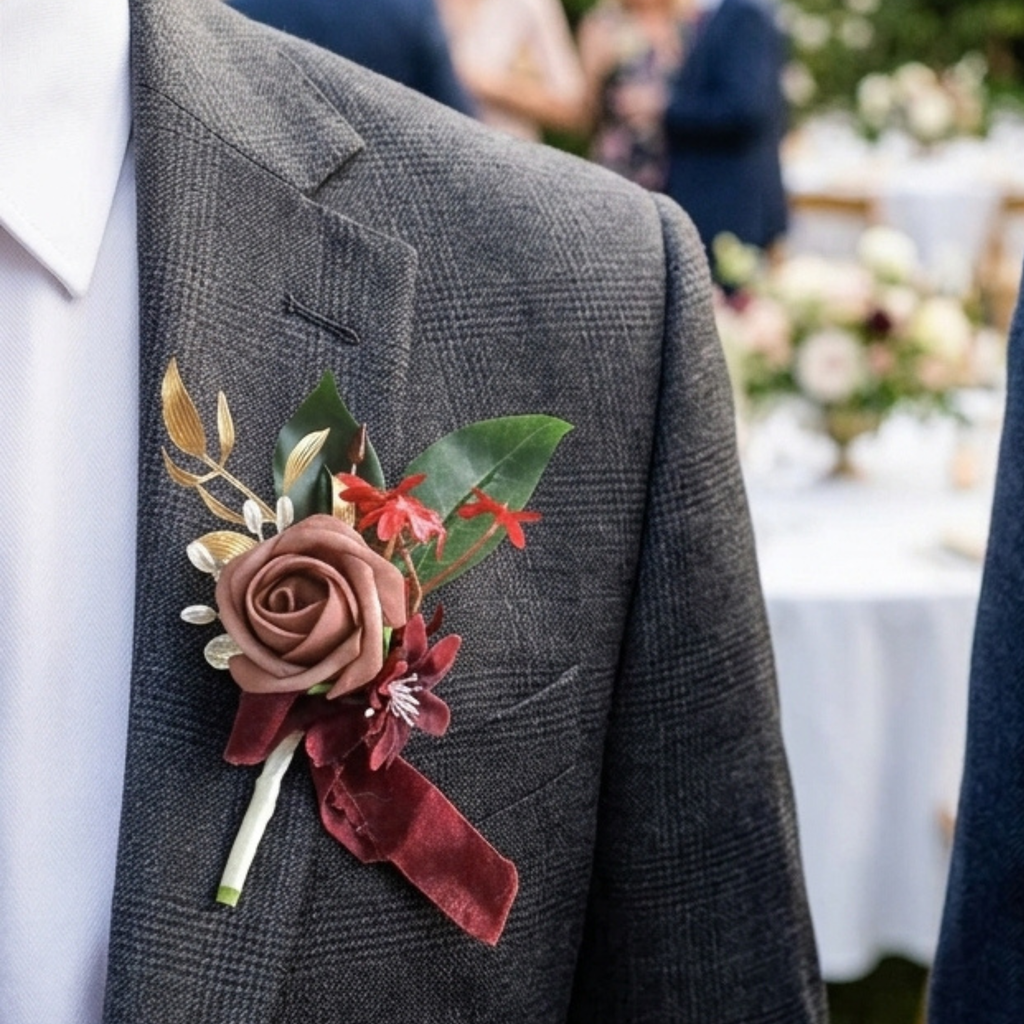 Additional view of burgundy rose boutonniere set of two for groom wedding flowers