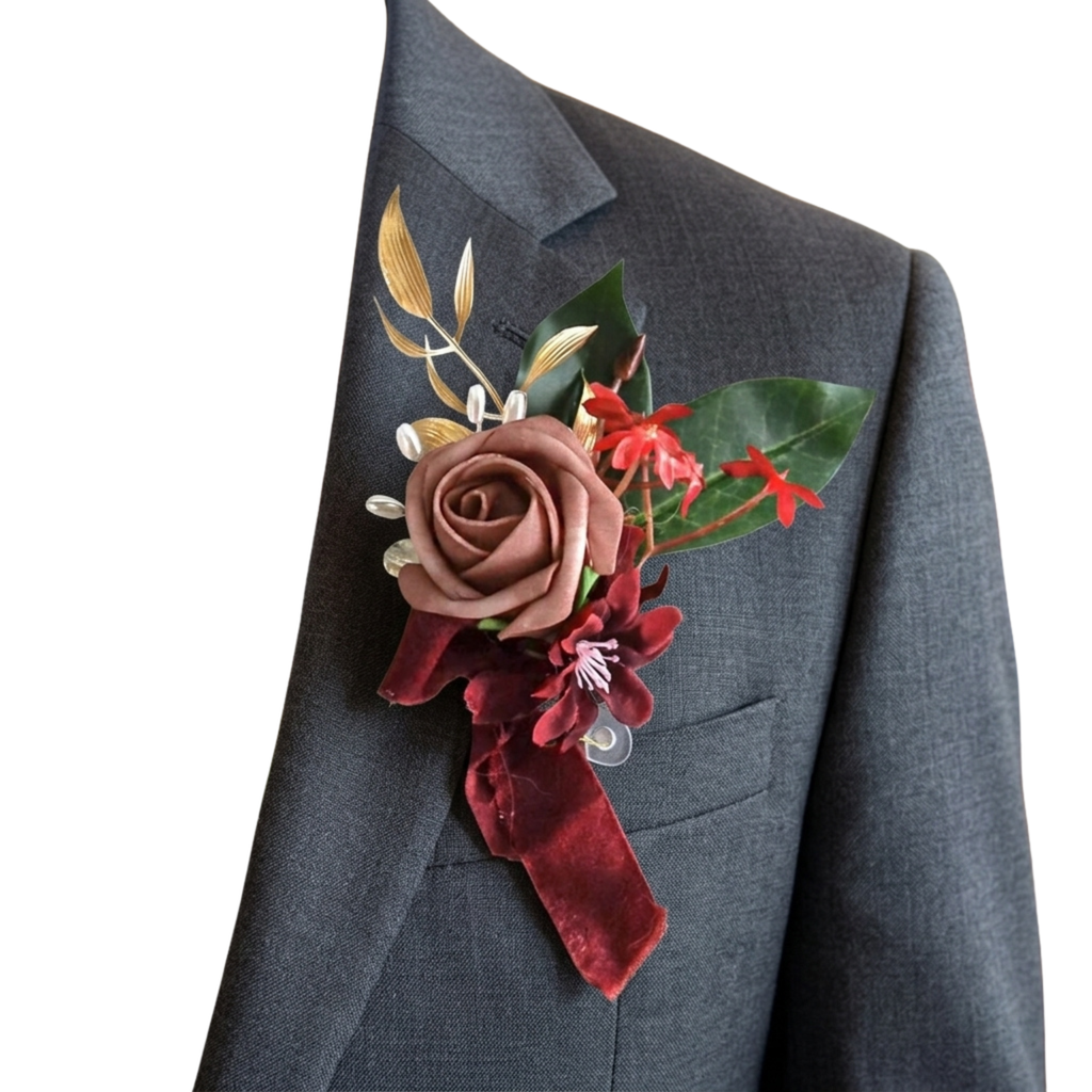 Additional view of burgundy rose boutonniere set of two for groom wedding flowers