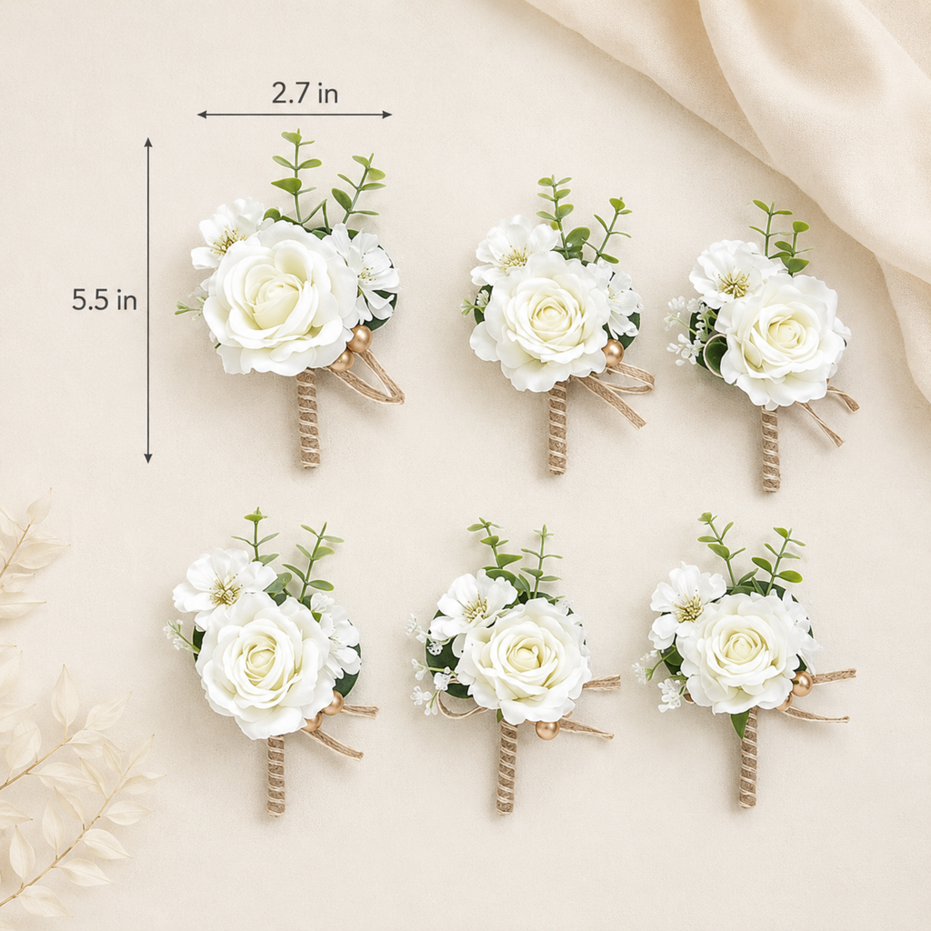 Set of six white rose boutonnieres with eucalyptus greenery, 5.5 by 2.7 inches
