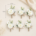 Set of six white rose boutonnieres with eucalyptus greenery, 5.5 by 2.7 inches
