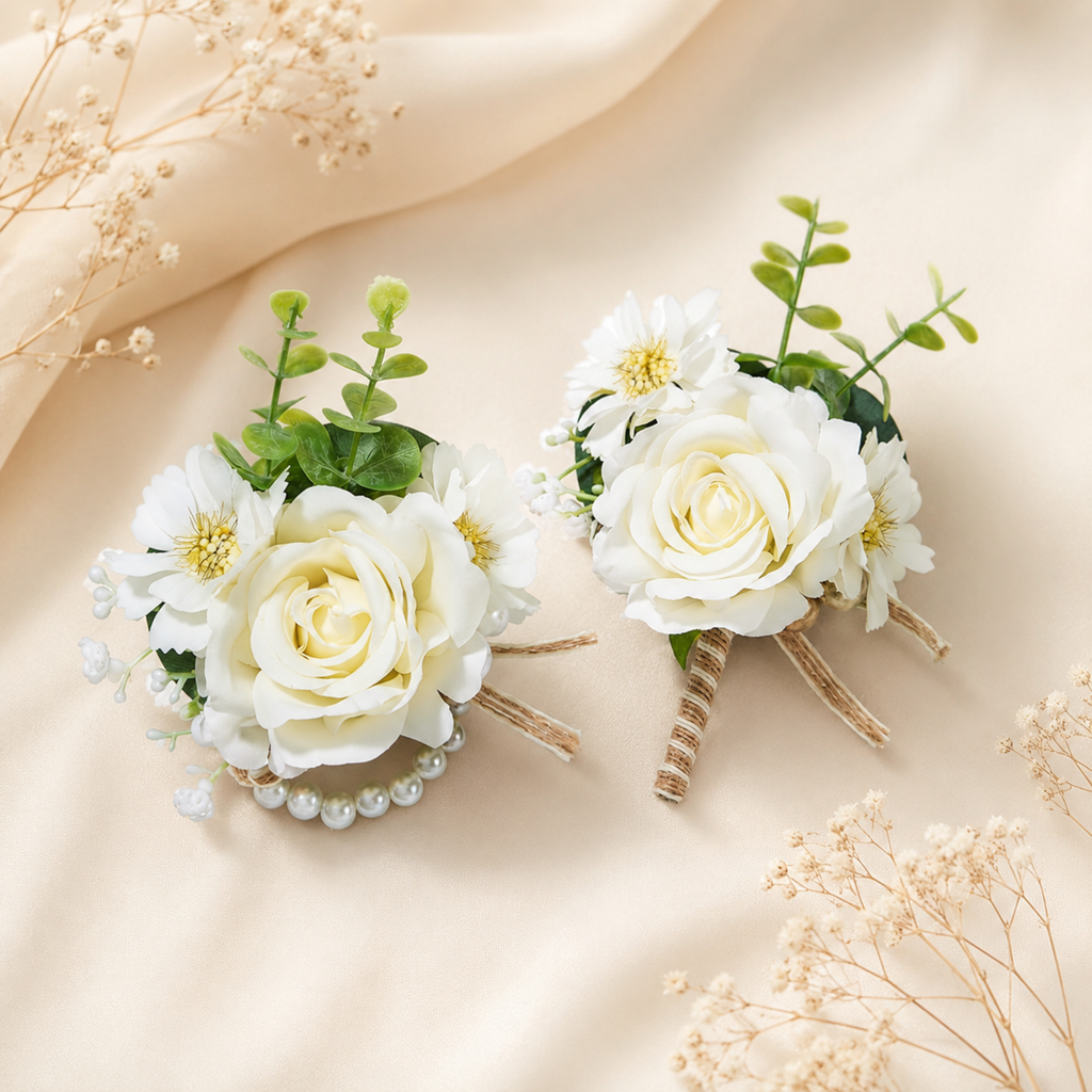 Ivory Wedding Boutonniere & Wrist Corsage Set