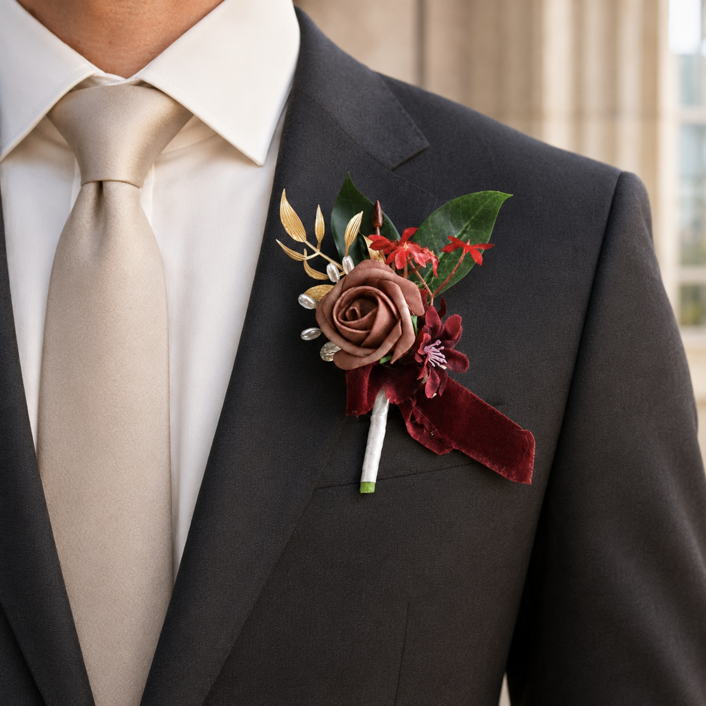 Additional view of burgundy rose boutonniere set of two for groom wedding flowers