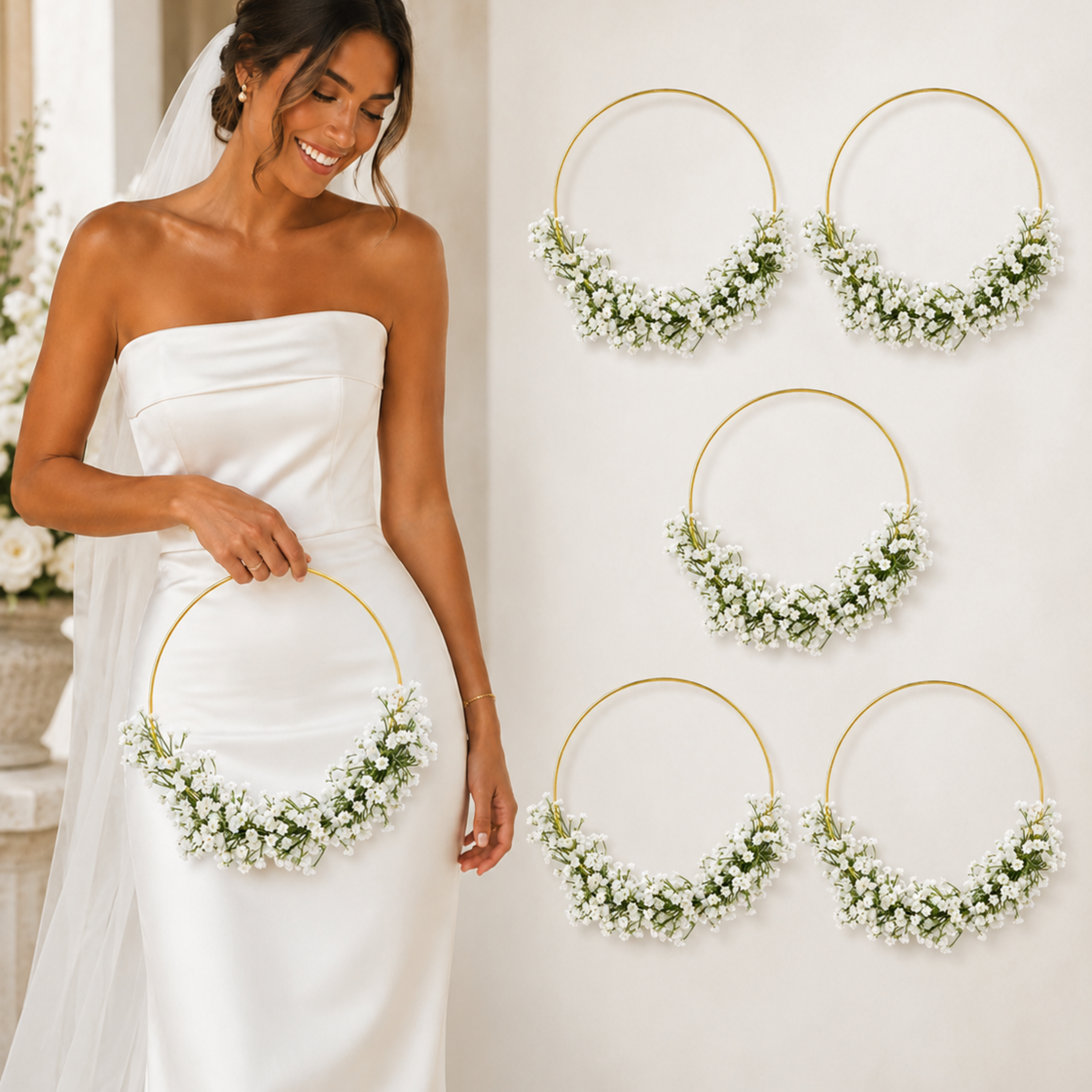 Baby’s Breath Hoop Bouquets – Set of 6 White Floral Wedding Wreaths
