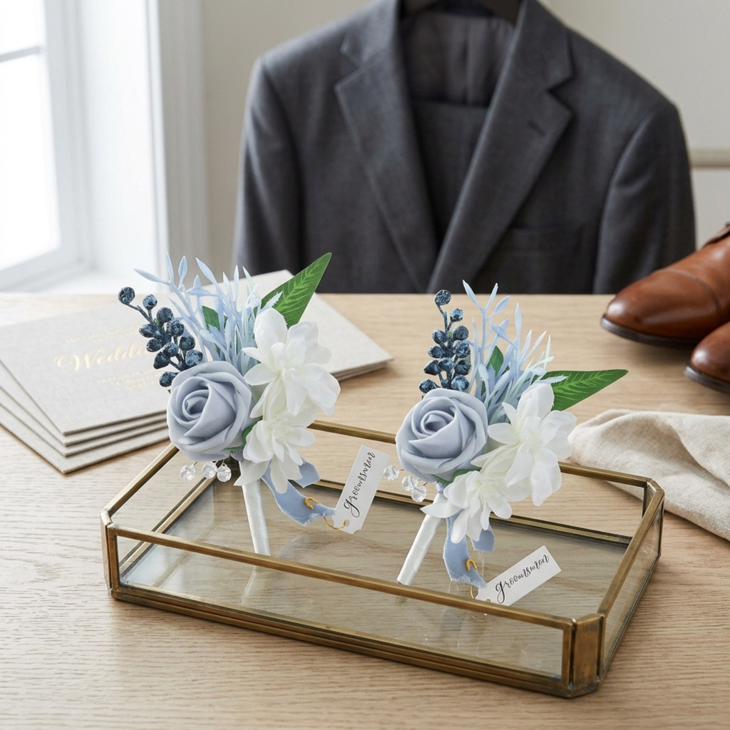 Additional view of dusty blue wedding boutonniere set of two for groom and groomsmen