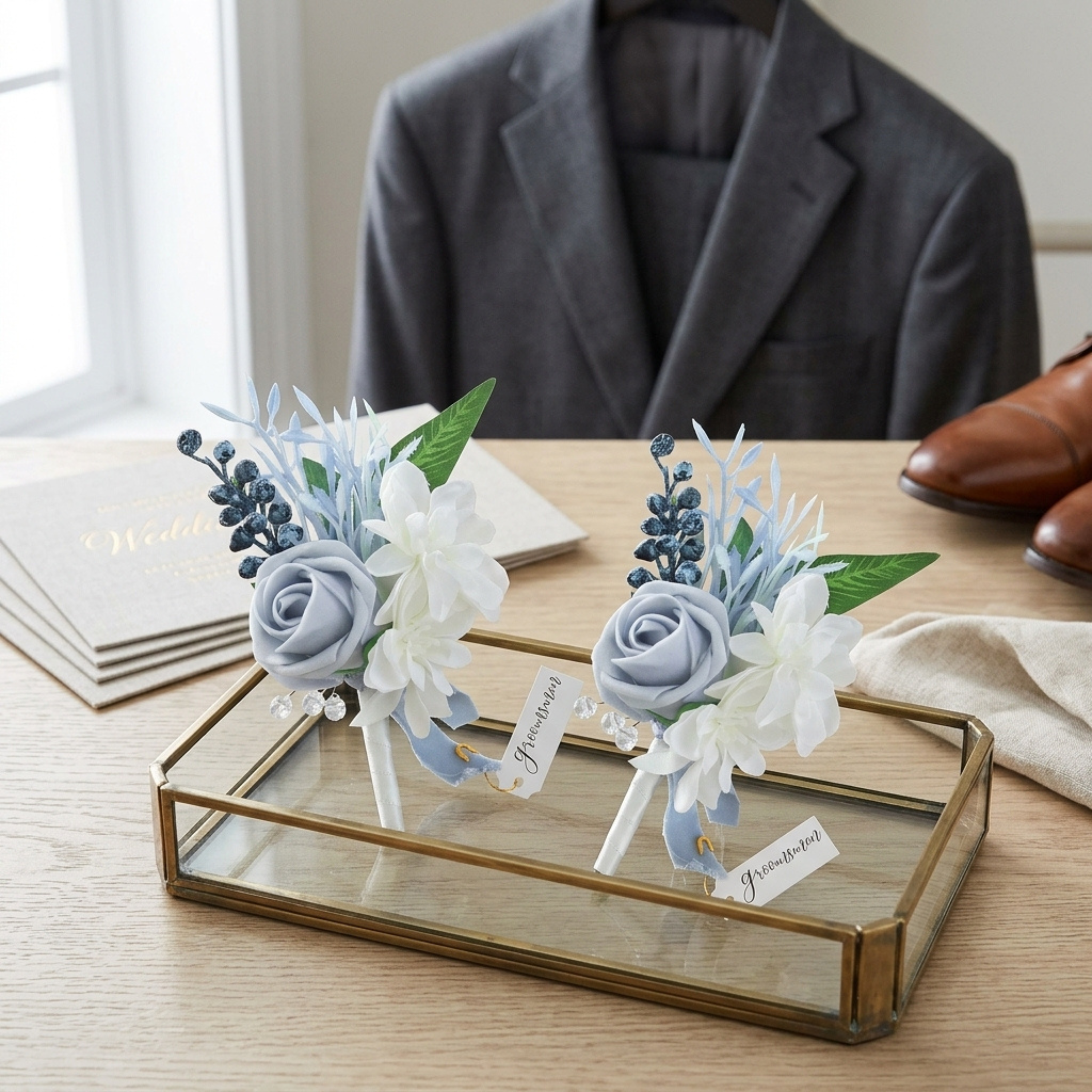 Additional view of dusty blue wedding boutonniere set of two for groom and groomsmen