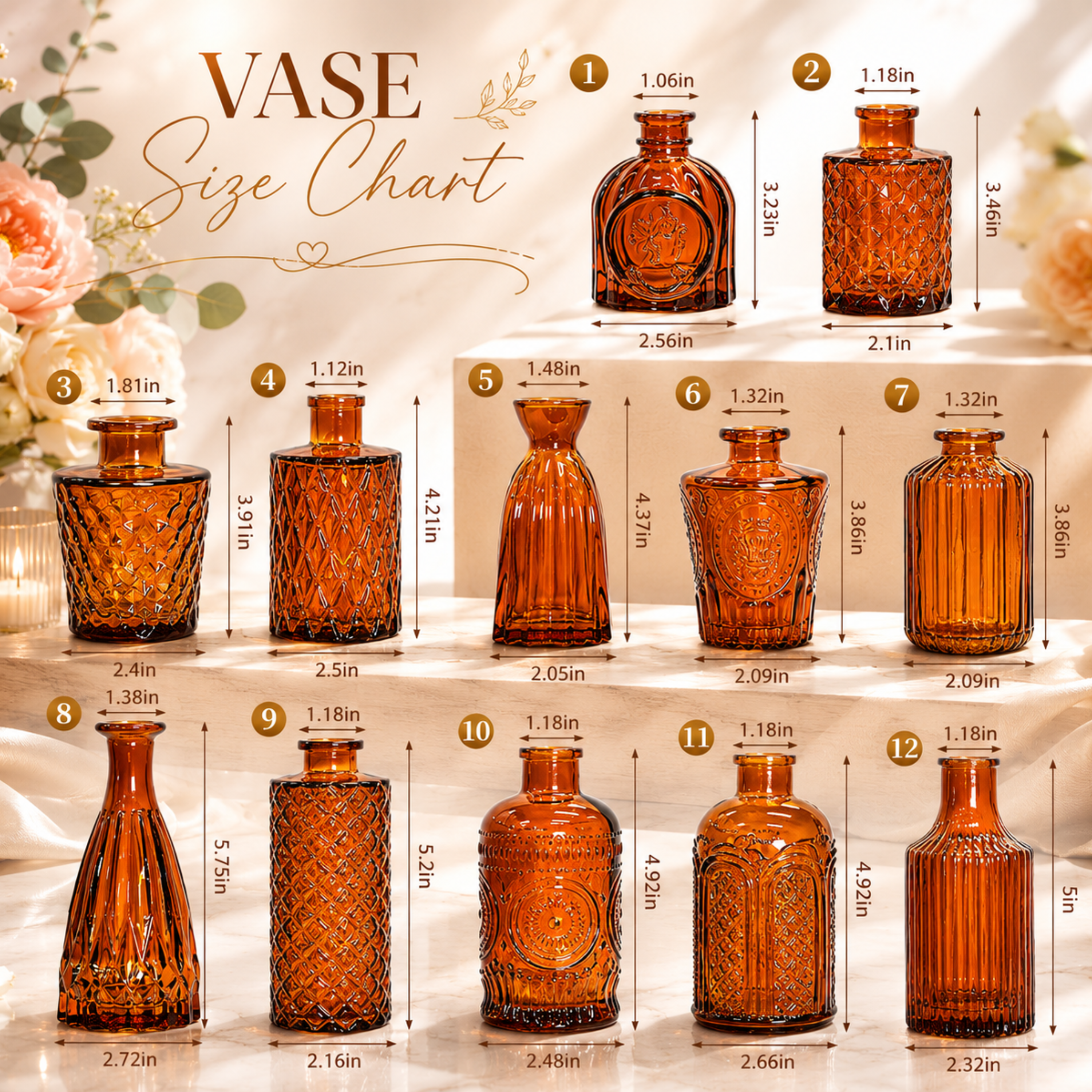 Amber Glass Bud Vase Set