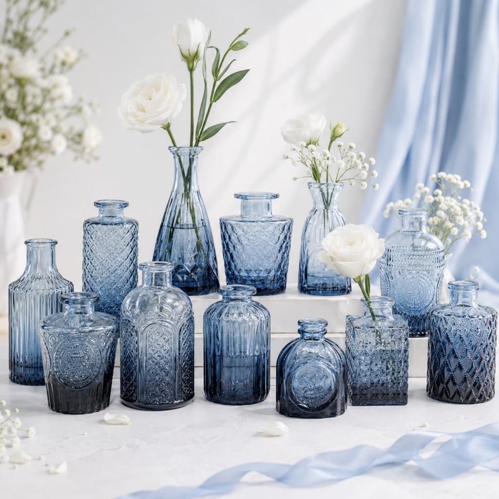 Blue Glass Bud Vase Set of 12