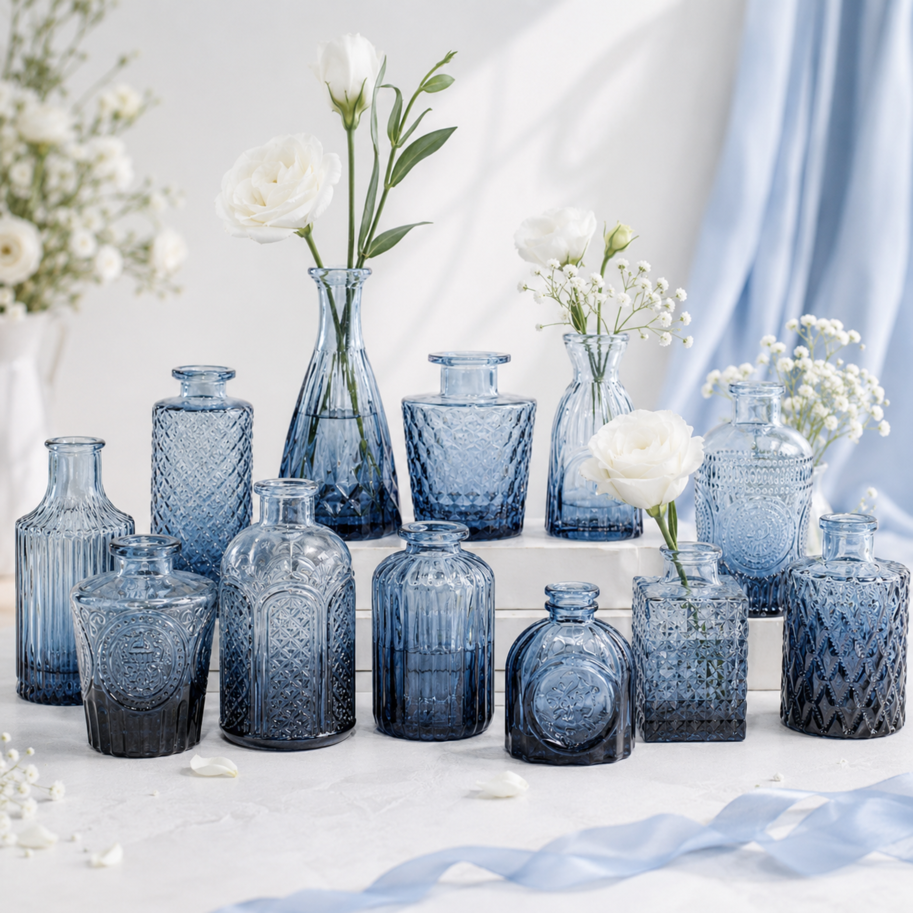 Blue Glass Bud Vase Set of 12