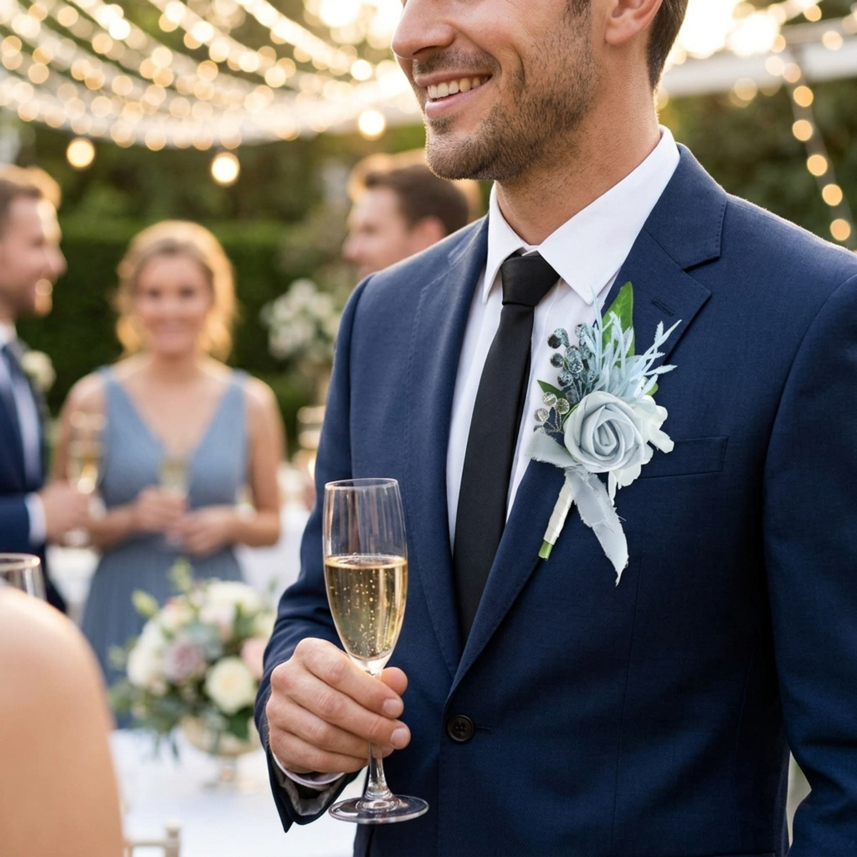 Additional view of dusty blue wedding boutonniere set of two for groom and groomsmen