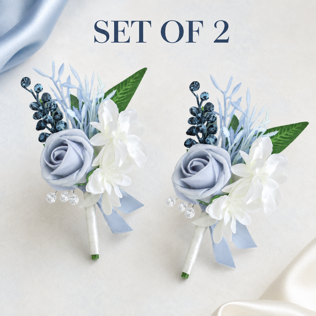 Dusty blue wedding boutonniere set of two for groom and groomsmen