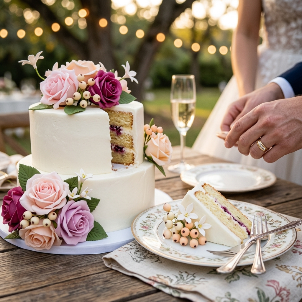 Couple cutting wedding cake with pink mauve artificial rose cake topper set