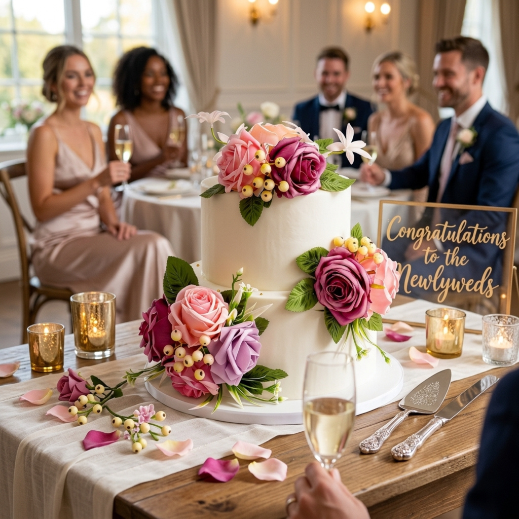 Elegant wedding reception table with pink rose cake topper flowers and dessert decor