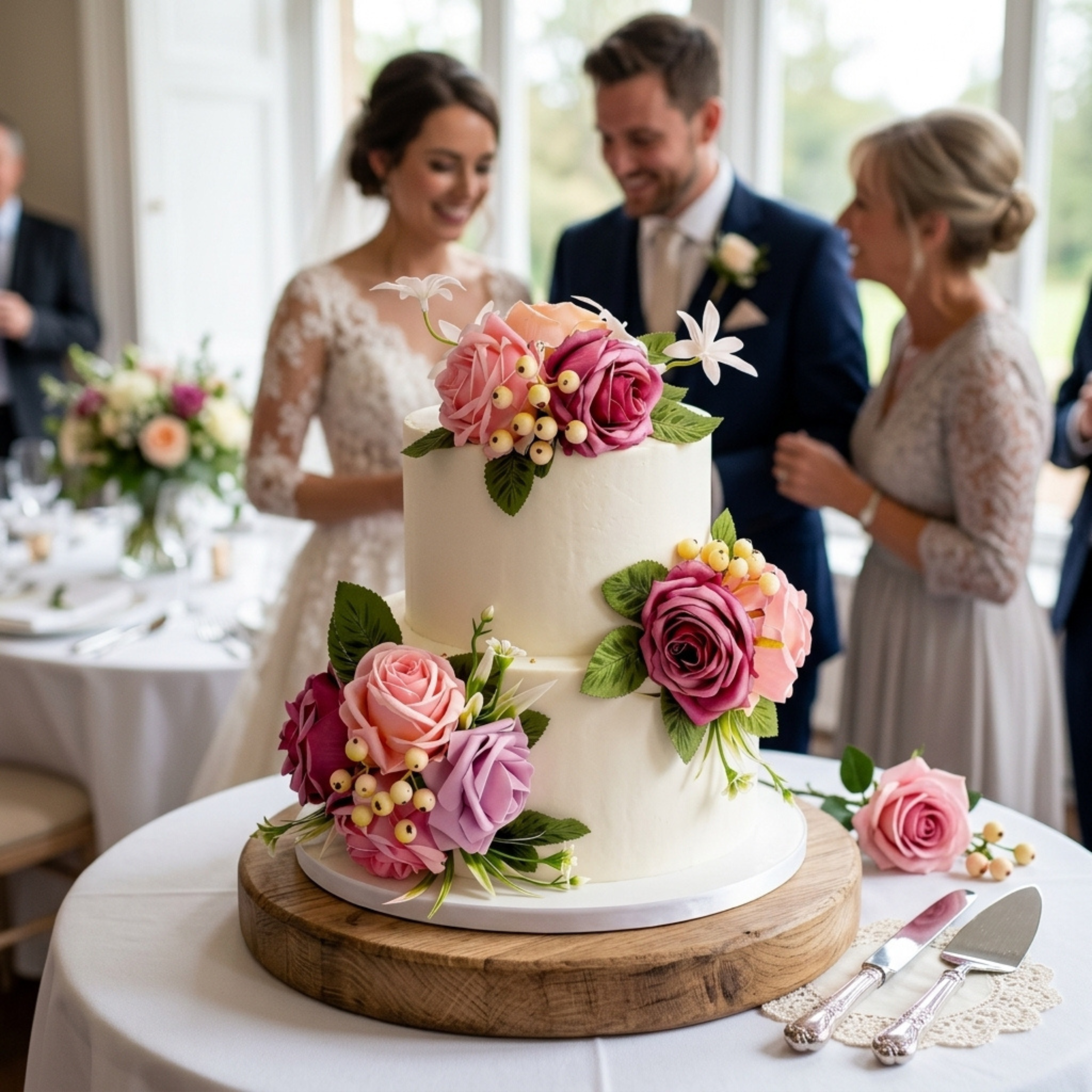 Bride and groom with wedding cake decorated with pink mauve silk roses and greenery