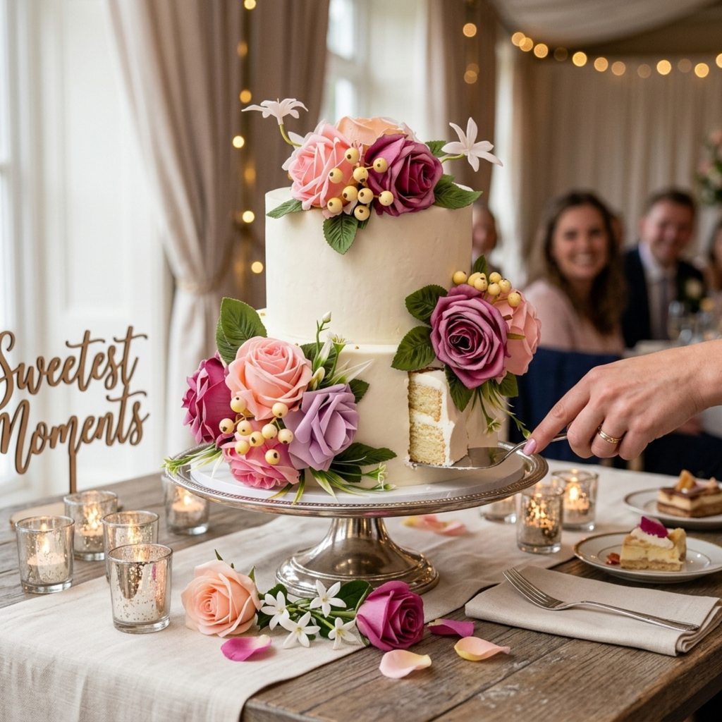 Bridal shower dessert table with pink mauve rose cake topper and soft candle decor