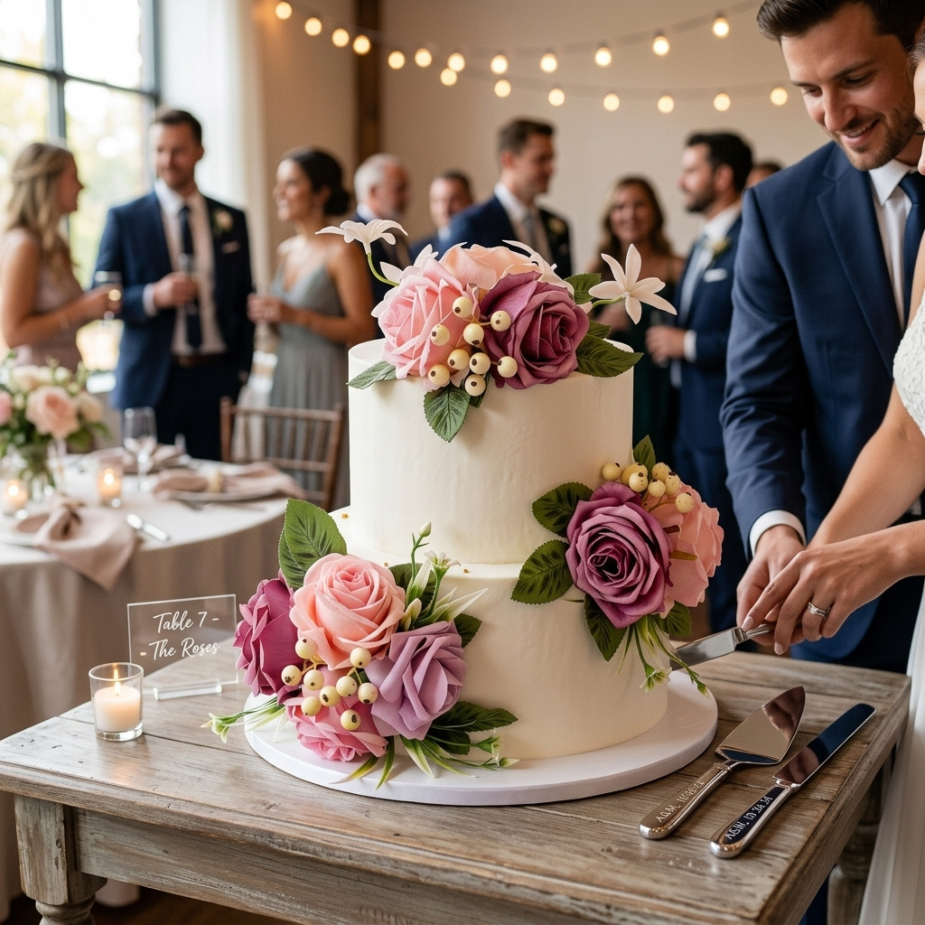 Pink mauve artificial flower cake decorations on two tier wedding cake for reception