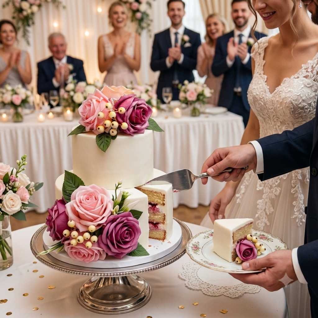 Wedding cake decorated with pink and mauve silk rose flowers on elegant reception table