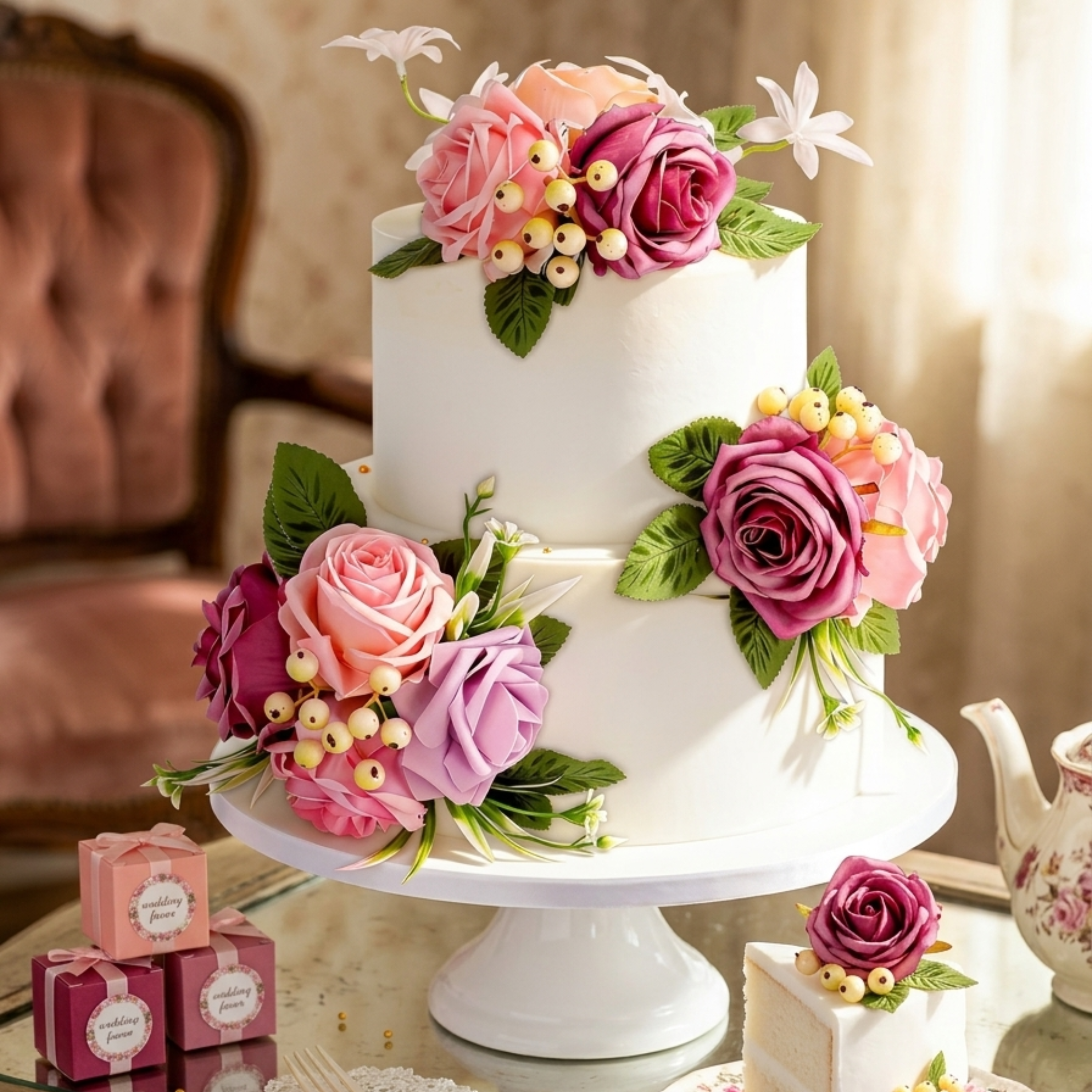 Pink mauve silk rose cake topper on two tier wedding cake with artificial flowers and greenery