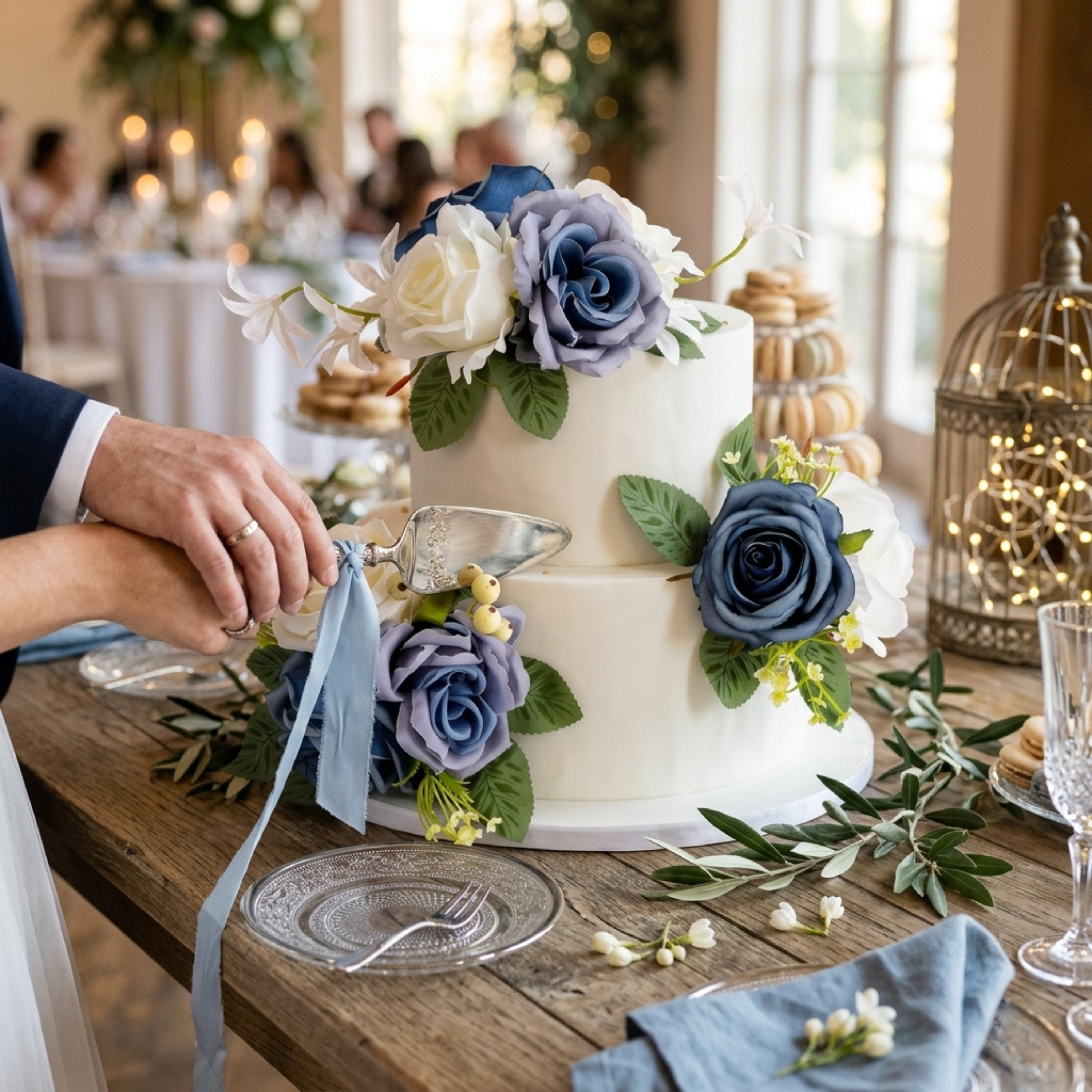 Blue white silk rose cake topper set on wedding cake with ribbon and floral table decor





