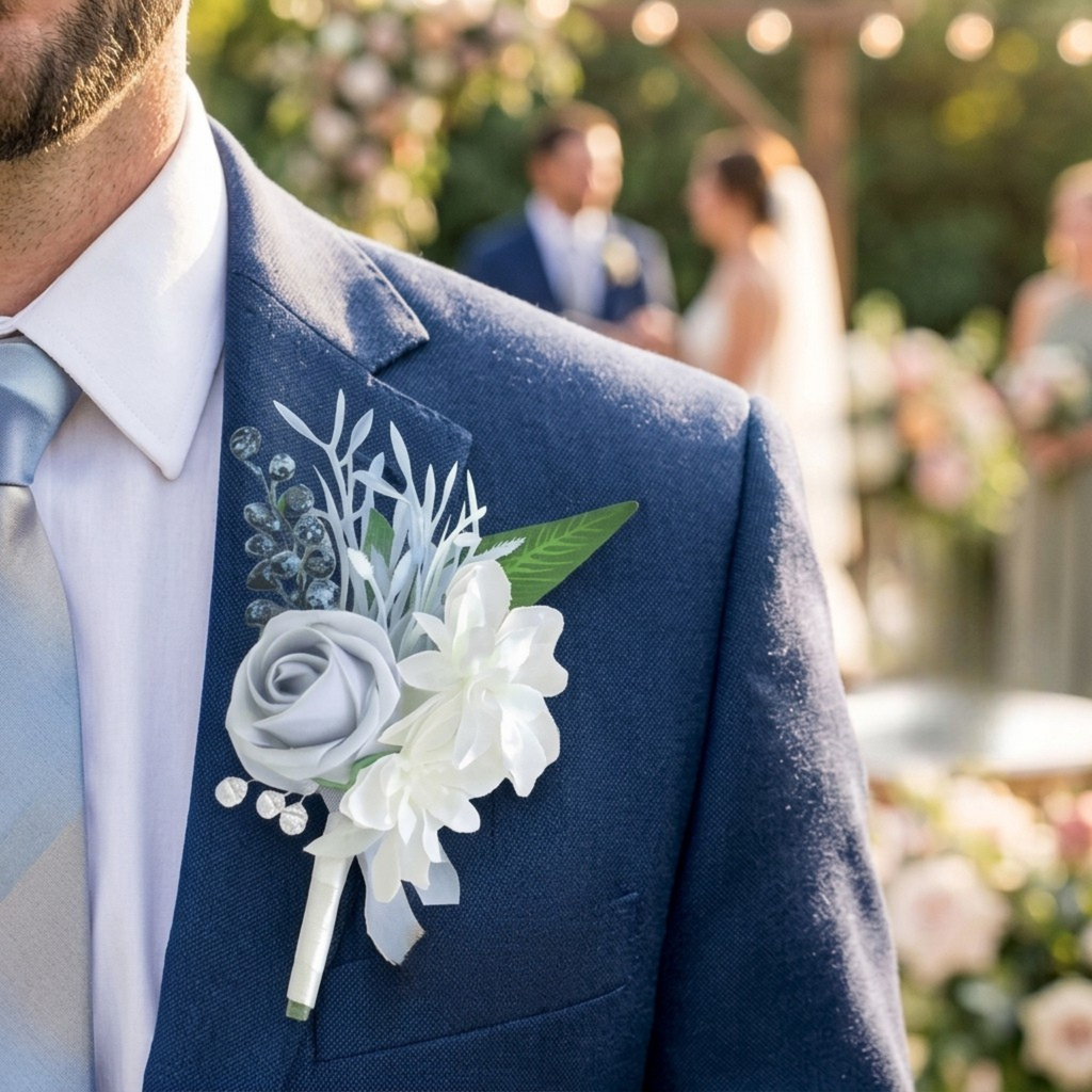 Additional view of dusty blue wedding boutonniere set of two for groom and groomsmen