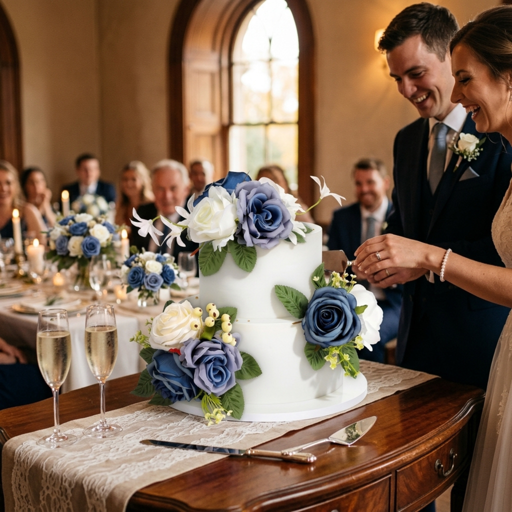 Bride and groom with wedding cake decorated with blue silk roses and white artificial flowers