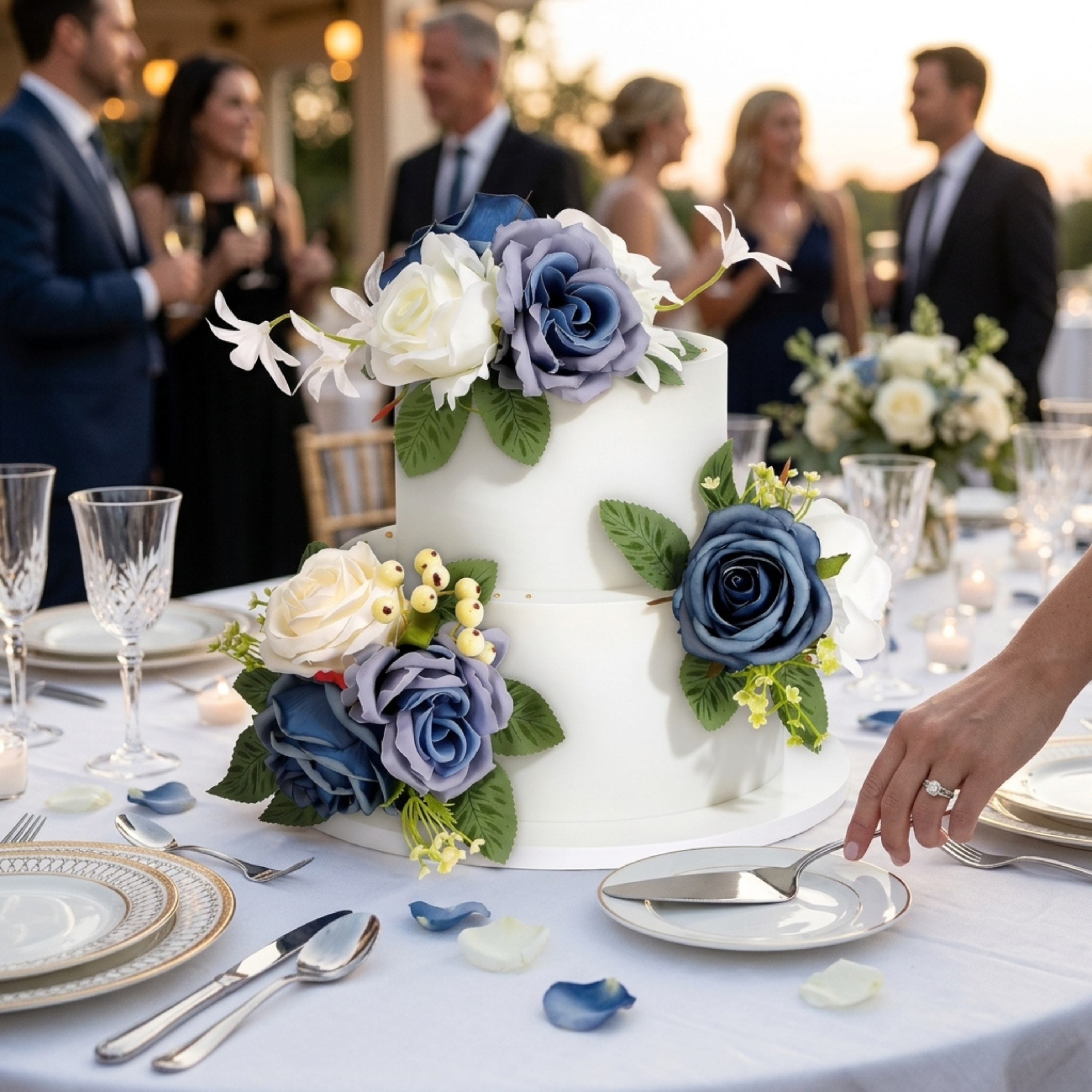 Blue and white flower cake decorations on two tier cake for wedding reception table
