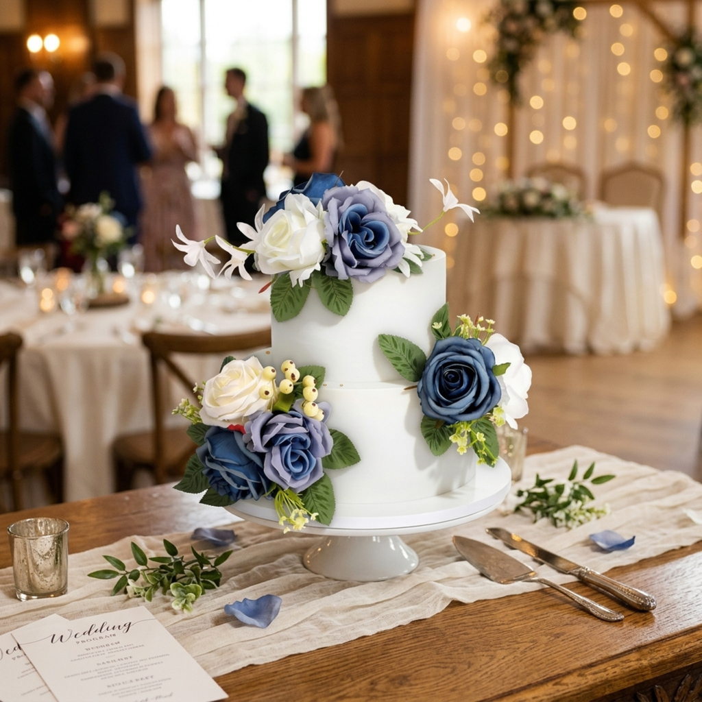 Elegant wedding cake with blue white artificial rose flowers and greenery on reception table