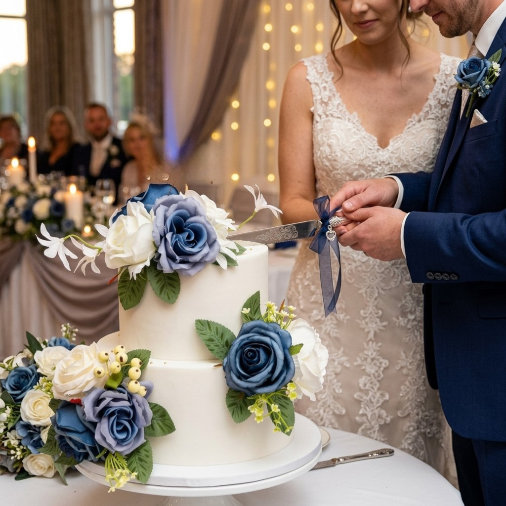 Wedding couple cutting cake decorated with blue and white silk rose cake topper flowers