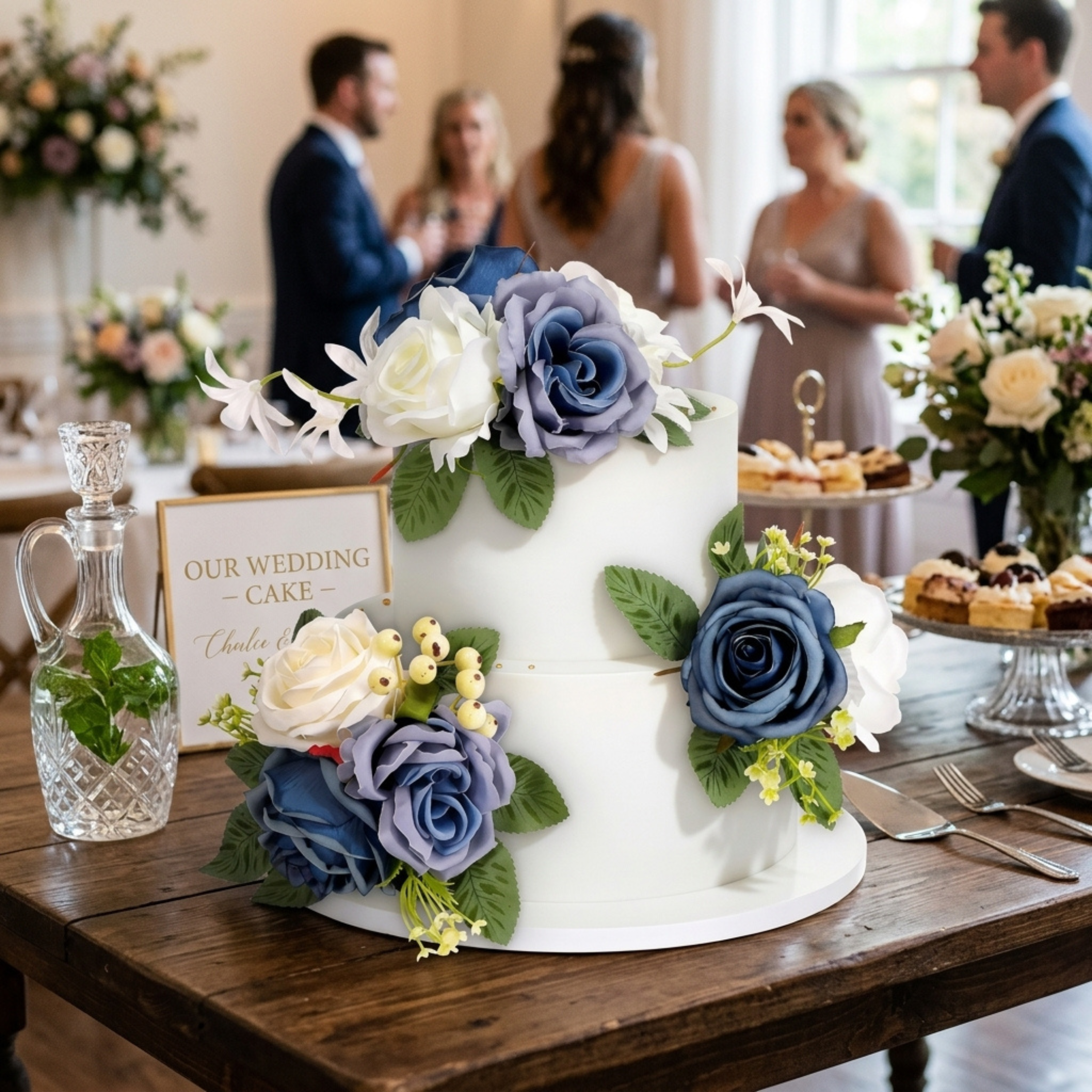 Blue and white silk rose cake topper on two tier wedding cake with artificial flowers and greenery