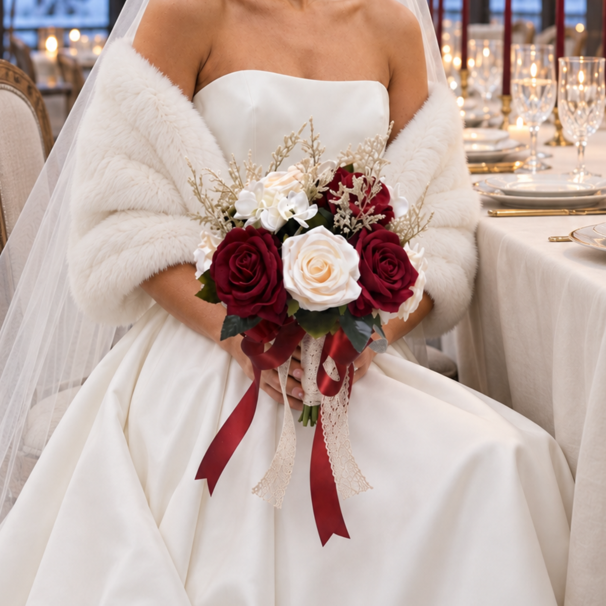Winter Wedding Bouquet | Burgundy & Ivory Silk Roses