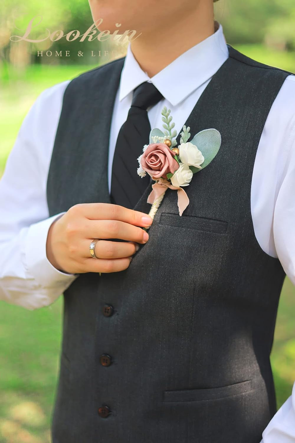 Set of 2 Wedding Boutonniere for Men Artificial Flowers Wedding Groom Groomsmen Boutonniere for Wedding Ceremony Anniversary Formal Dinner Party, Dusty Rose