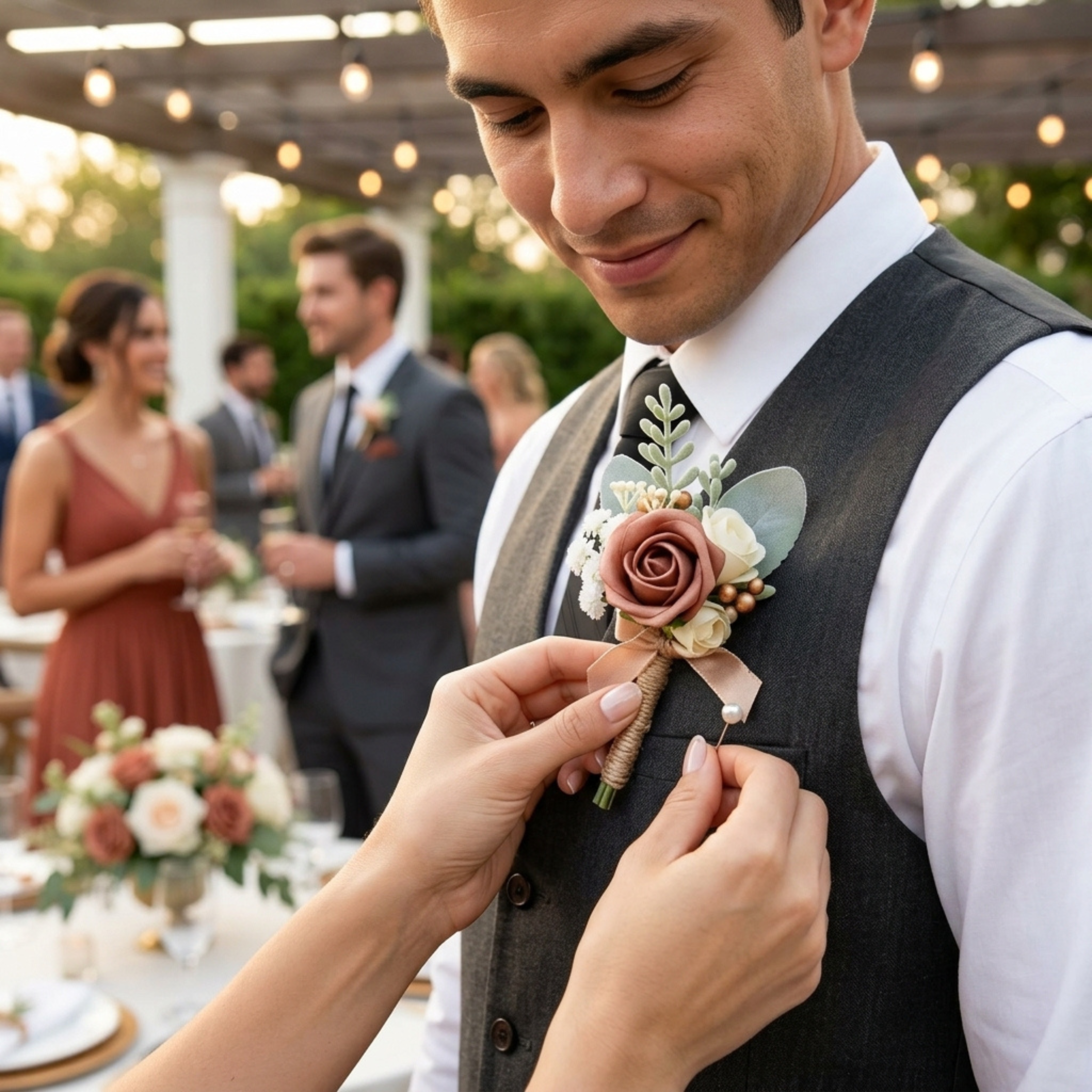 Additional view of dusty rose wedding boutonniere set of two for groom and groomsmen