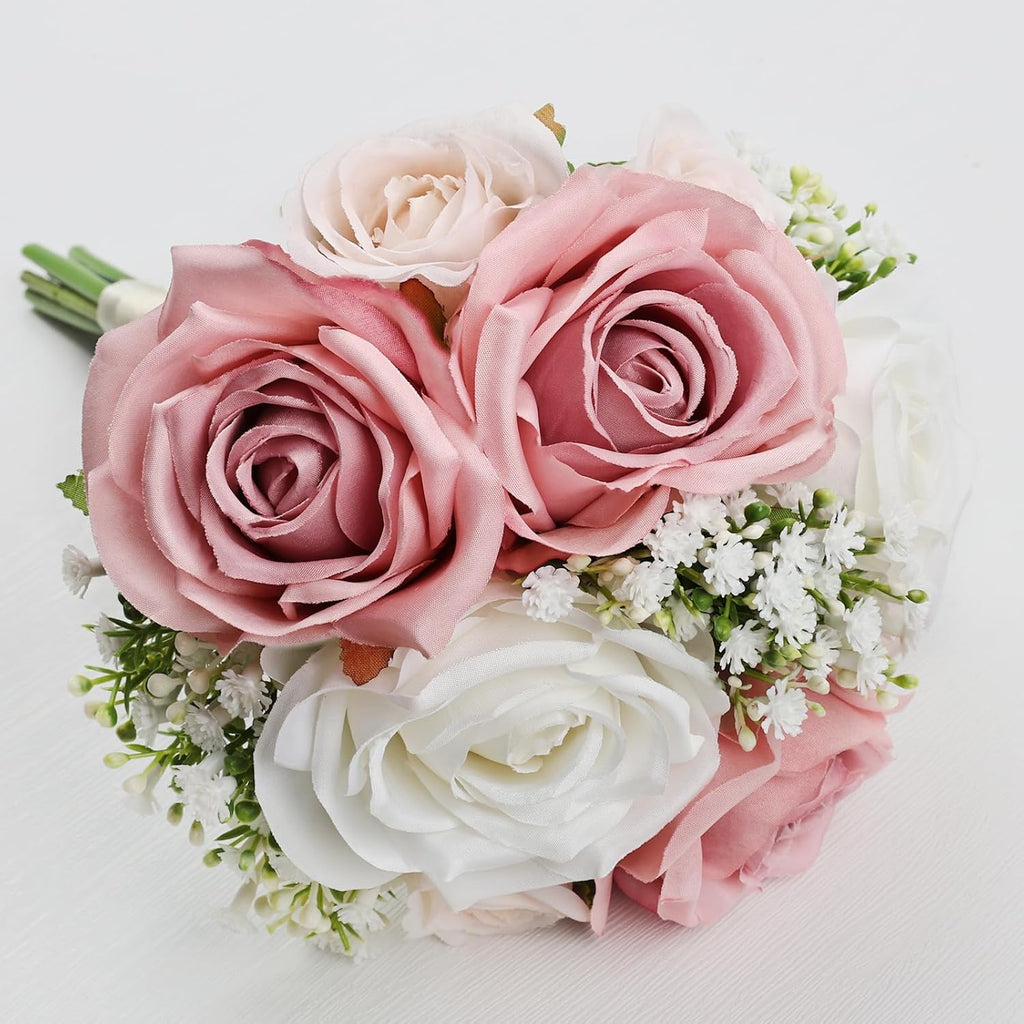 Wedding Bridesmaid Bouquets Set of 6, Artificial Silk Flowers Arrangement for Ceremony Marriage Proposal Party Anniversary Decorations - Dusty Pink & White