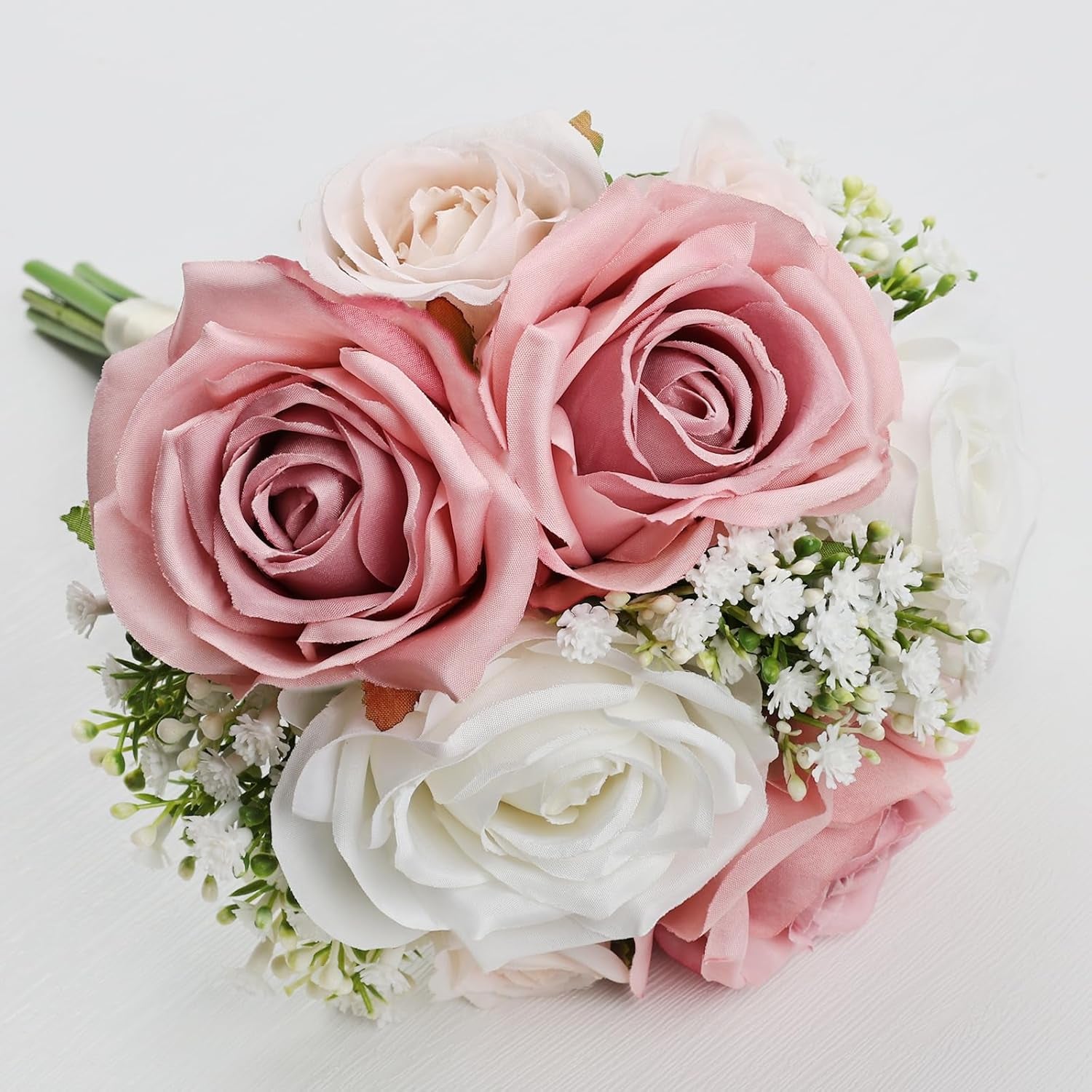 Wedding Bridesmaid Bouquets Set of 6, Artificial Silk Flowers Arrangement for Ceremony Marriage Proposal Party Anniversary Decorations - Dusty Pink & White
