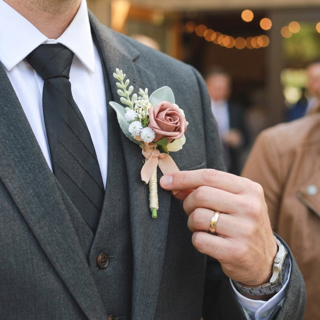 Additional view of dusty rose wedding boutonniere set of two for groom and groomsmen