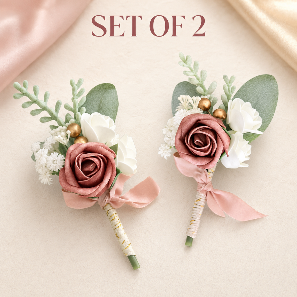 Dusty rose wedding boutonniere set of two for groom and groomsmen
