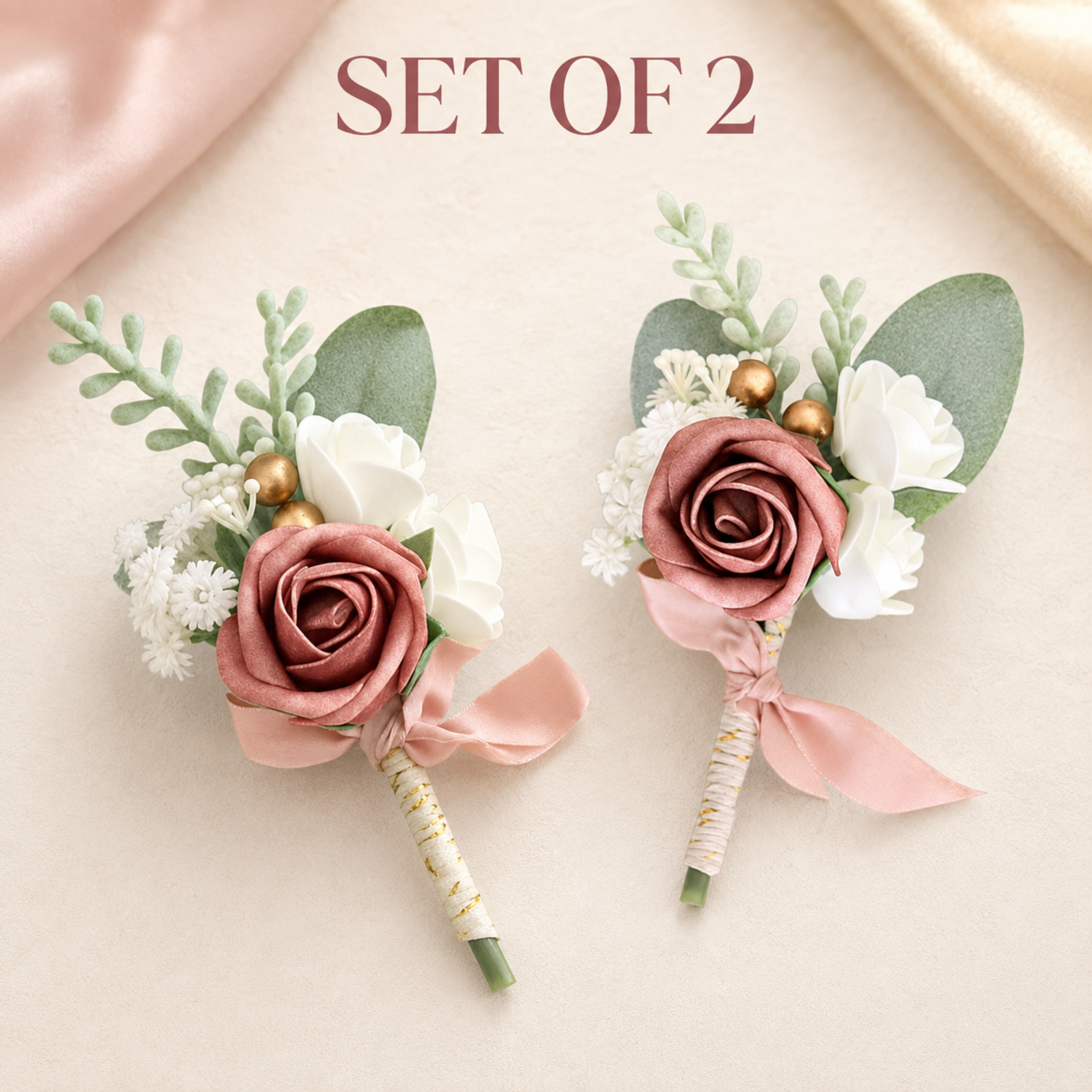 Dusty rose wedding boutonniere set of two for groom and groomsmen