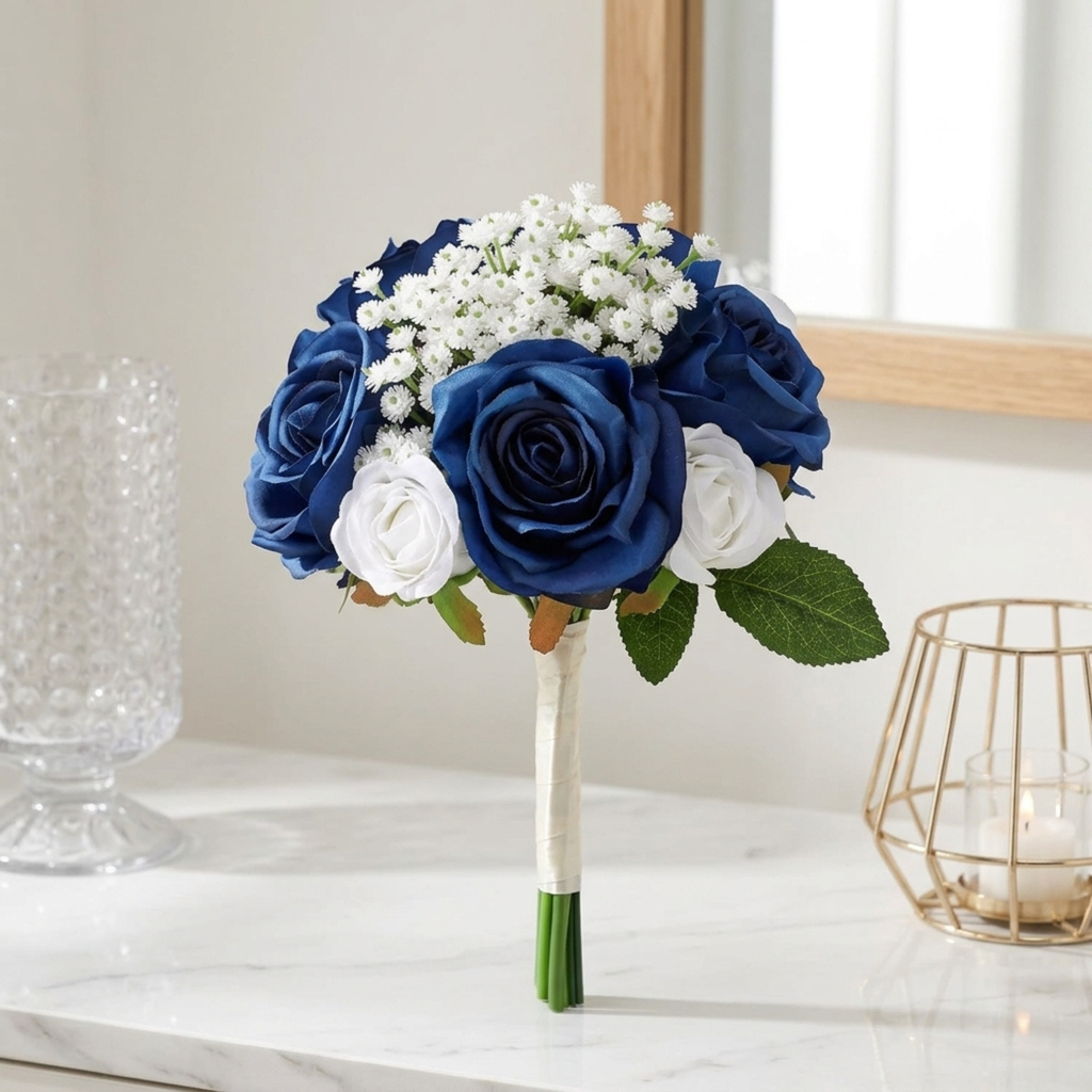 Additional view of navy blue and white bridesmaid bouquet set of four