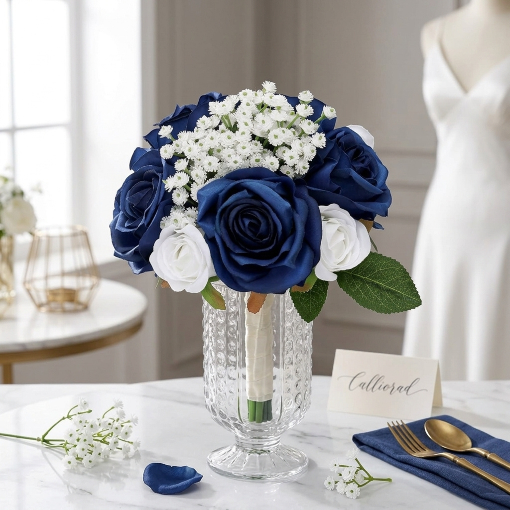 Additional view of navy blue and white bridesmaid bouquet set of four